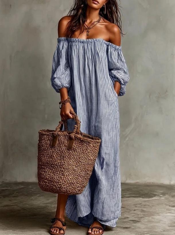 Striped Off-Shoulder Puff Sleeve Maxi Dress