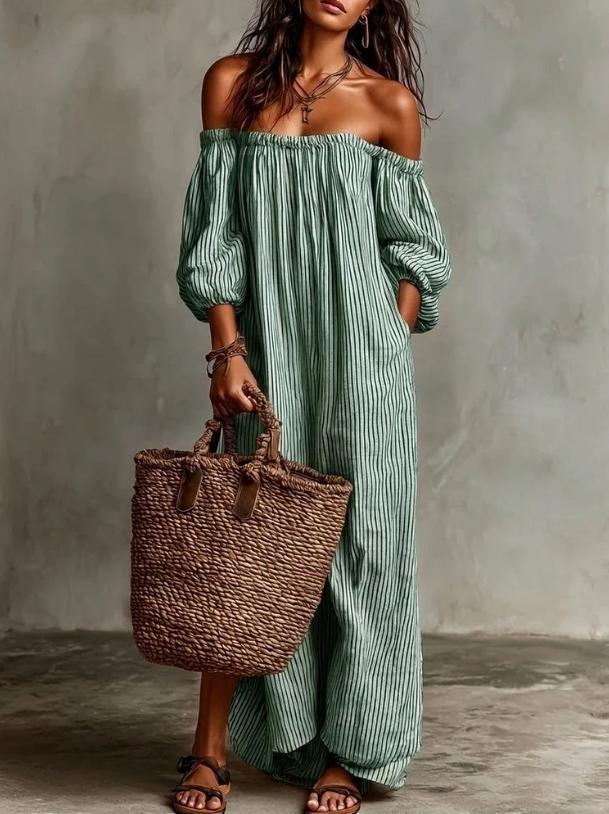 Striped Off-Shoulder Puff Sleeve Maxi Dress