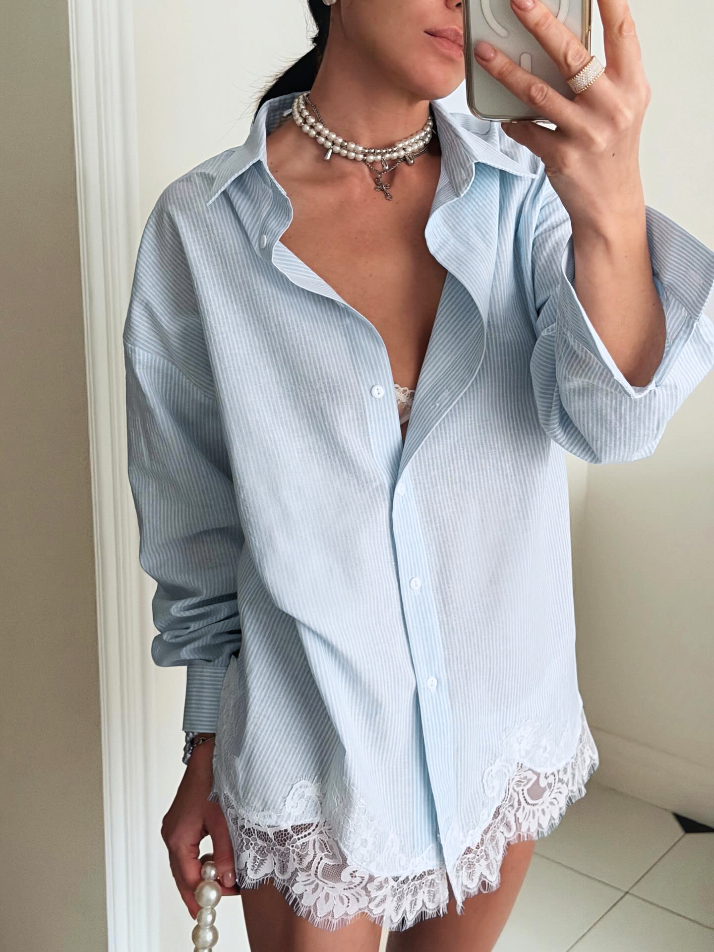Striped Oversized Lace Trim Shirt Wrap Skirt Set