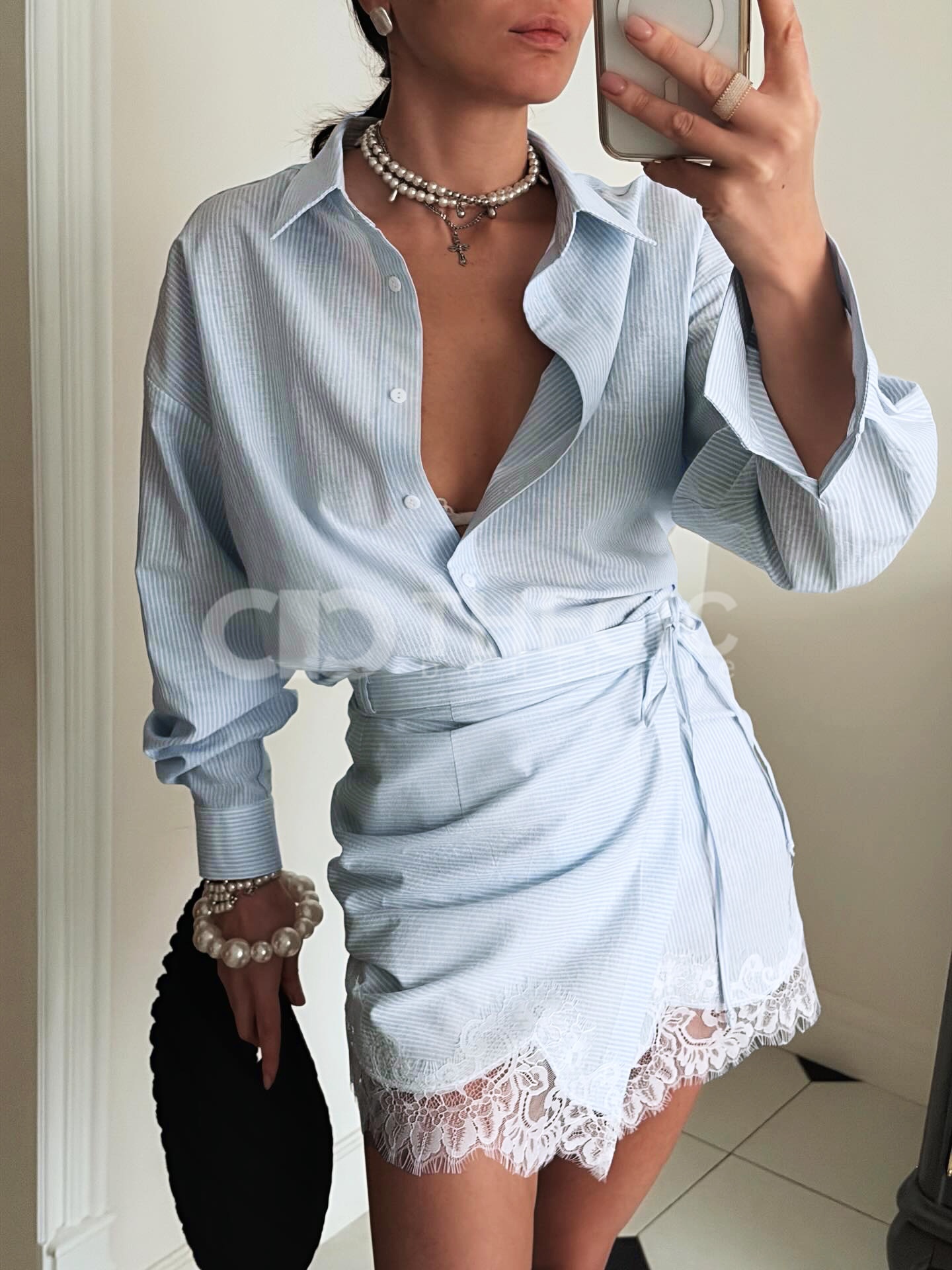 Striped Oversized Lace Trim Shirt Wrap Skirt Set