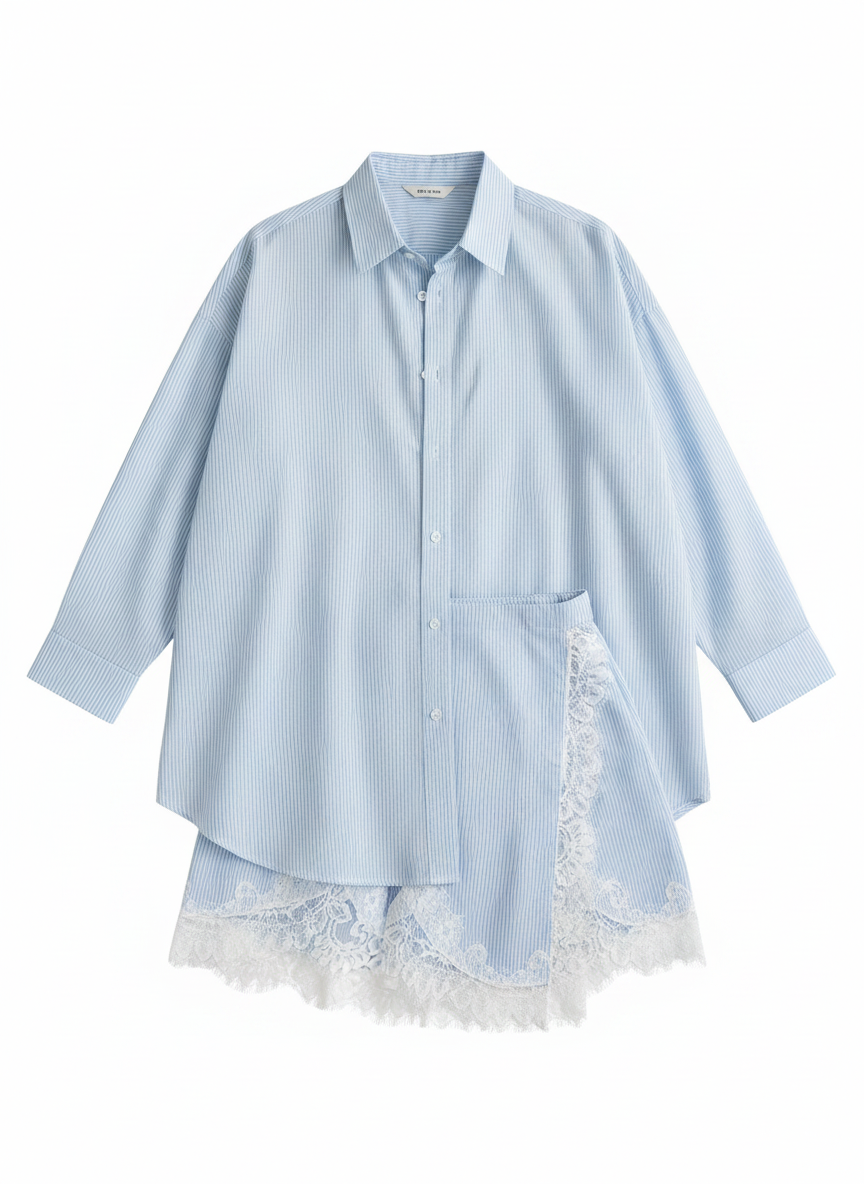 Striped Oversized Lace Trim Shirt Wrap Skirt Set