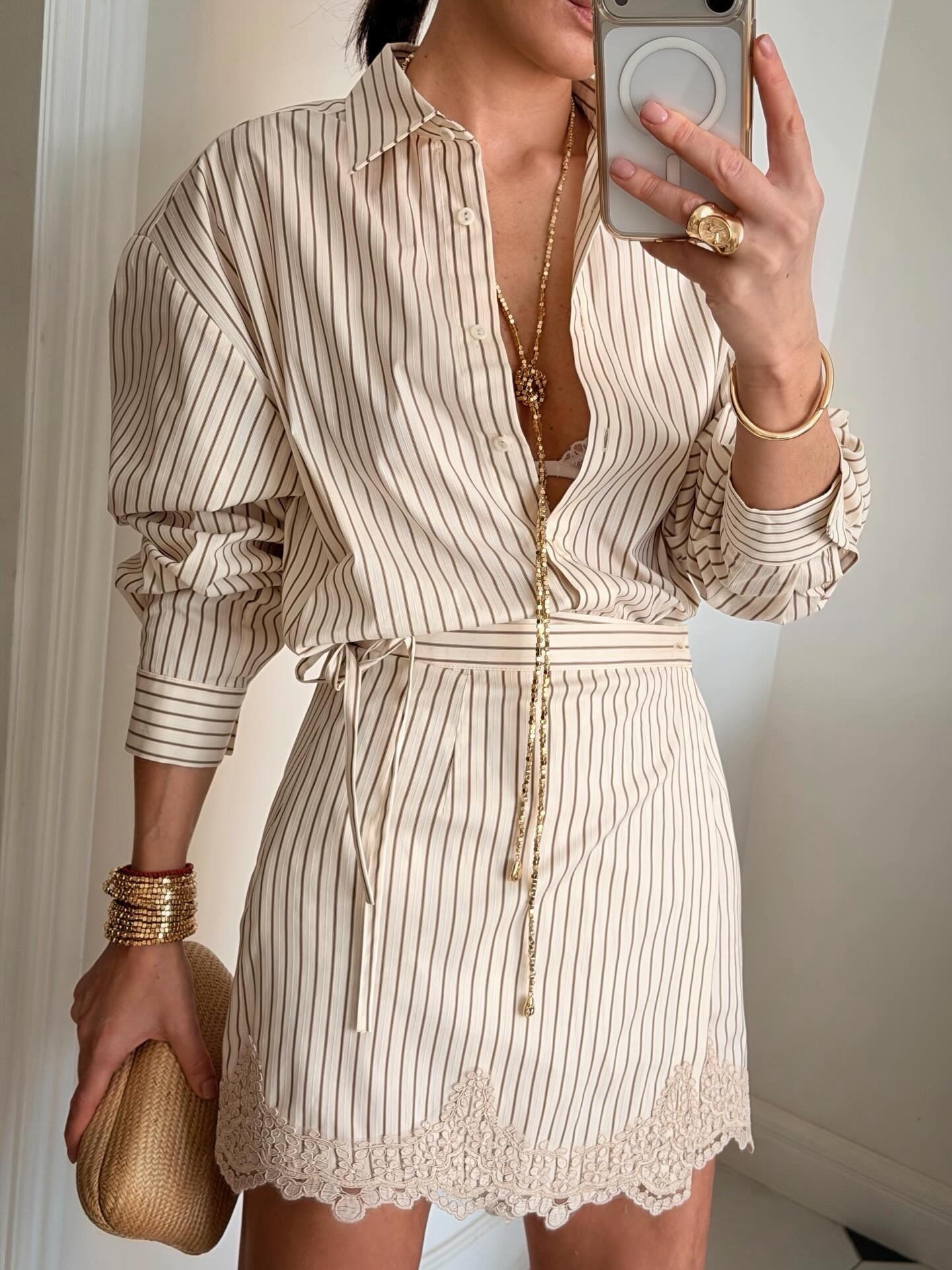 Striped Oversized Shirt Lace Trim Wrap Skirt