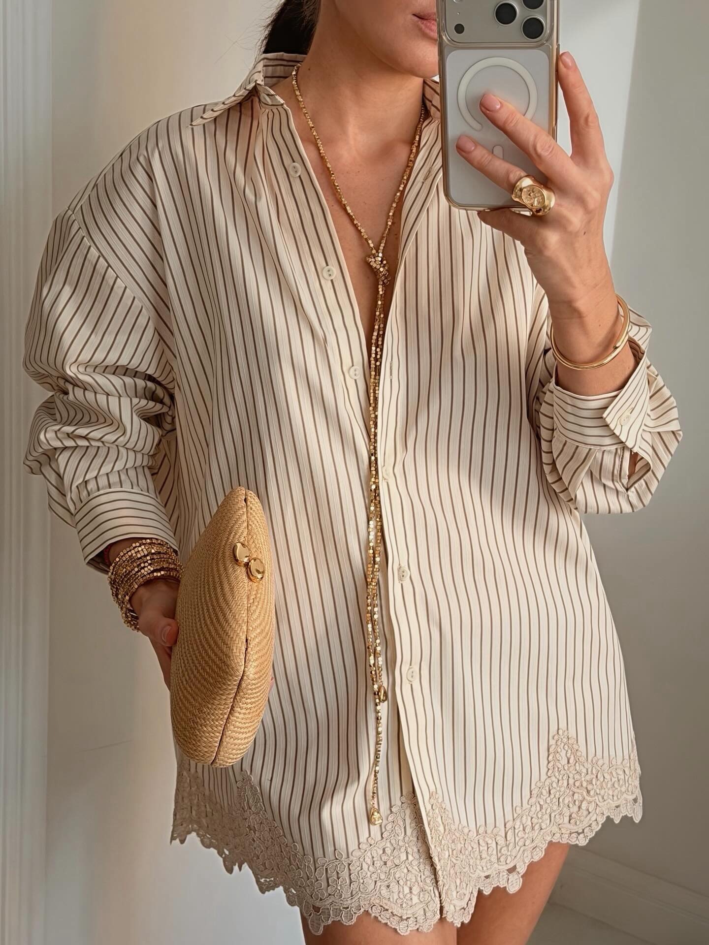 Striped Oversized Shirt Lace Trim Wrap Skirt