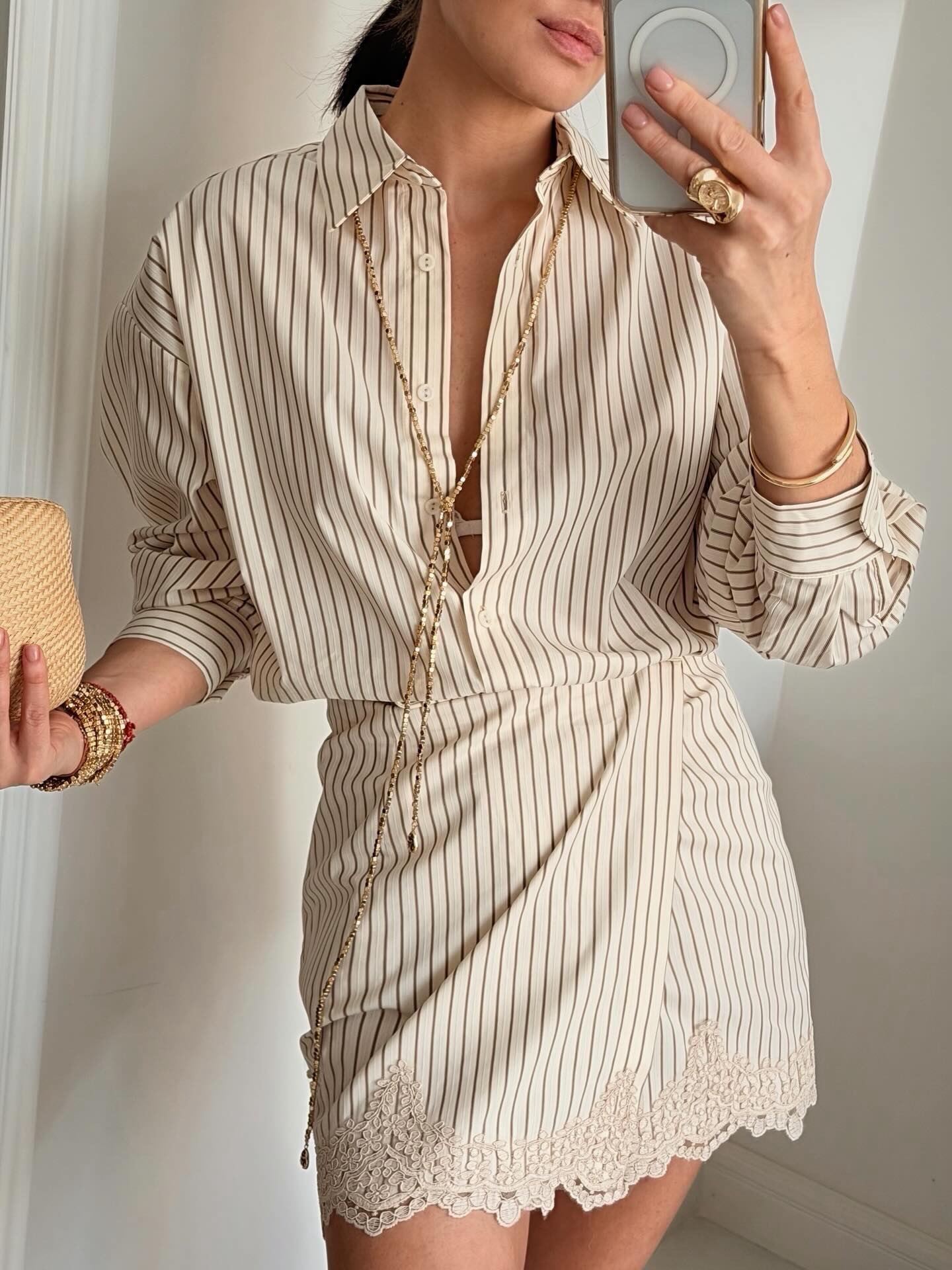 Striped Oversized Shirt Lace Trim Wrap Skirt