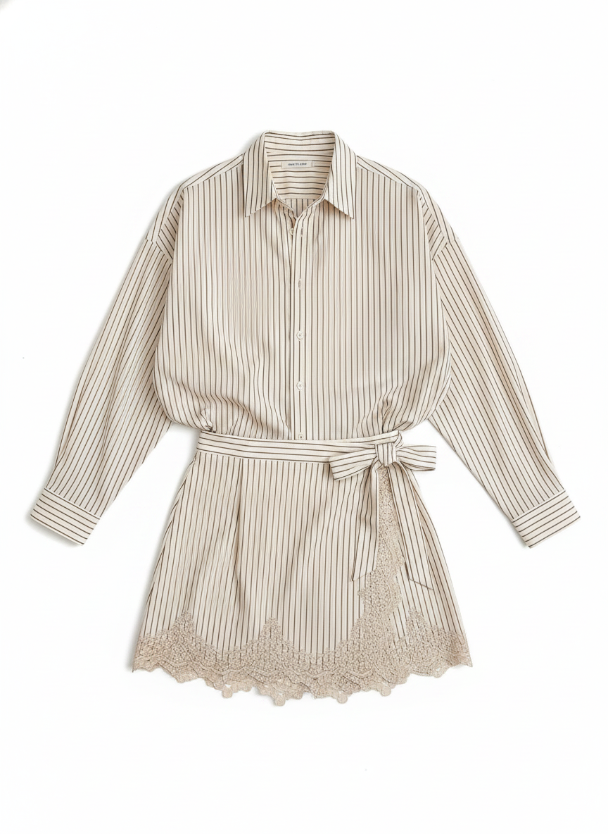 Striped Oversized Shirt Lace Trim Wrap Skirt