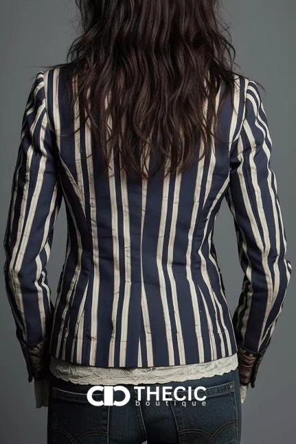 Striped Tailored Blazer with Floral Print Details