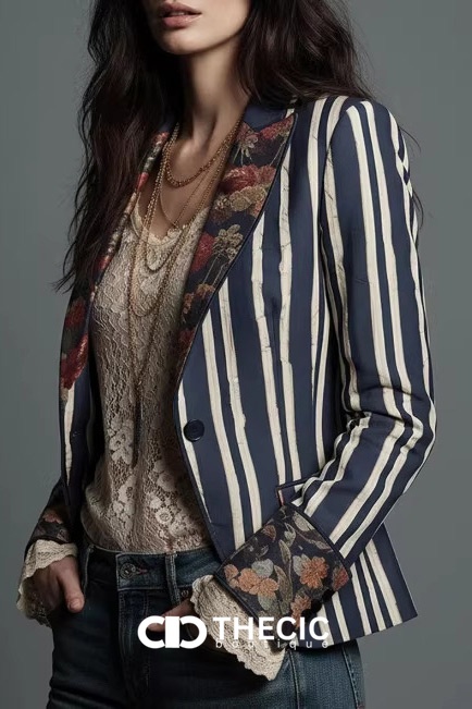 Striped Tailored Blazer with Floral Print Details