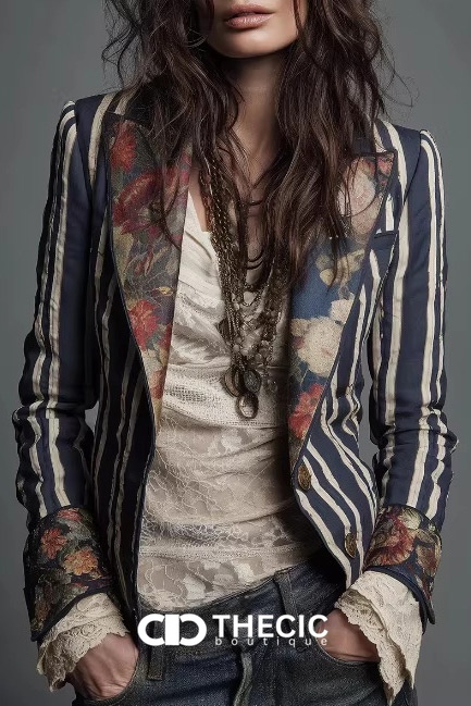 Striped Tailored Blazer with Floral Print Details