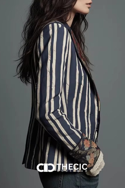 Striped Tailored Blazer with Floral Print Details