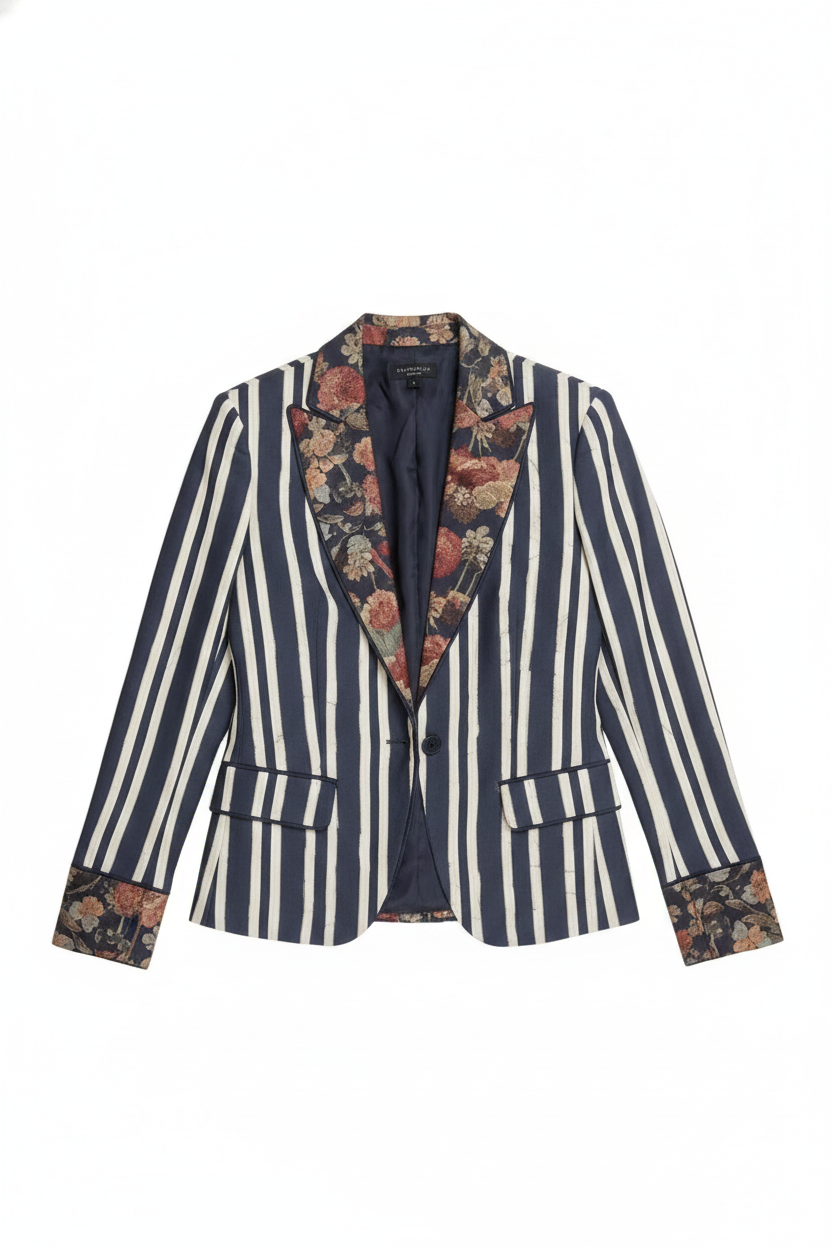 Striped Tailored Blazer with Floral Print Details