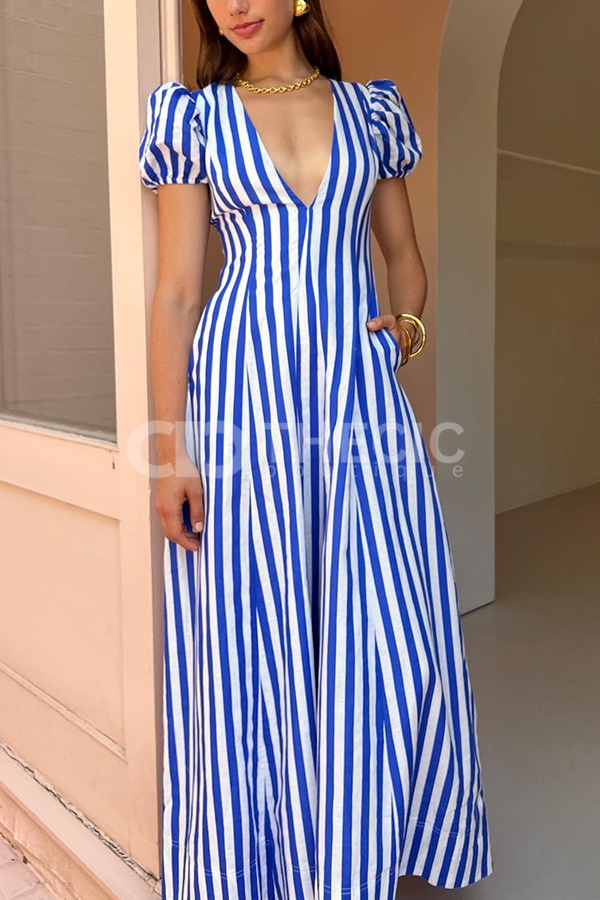 Striped V-Neck Puff Sleeve A-Line Maxi Dress