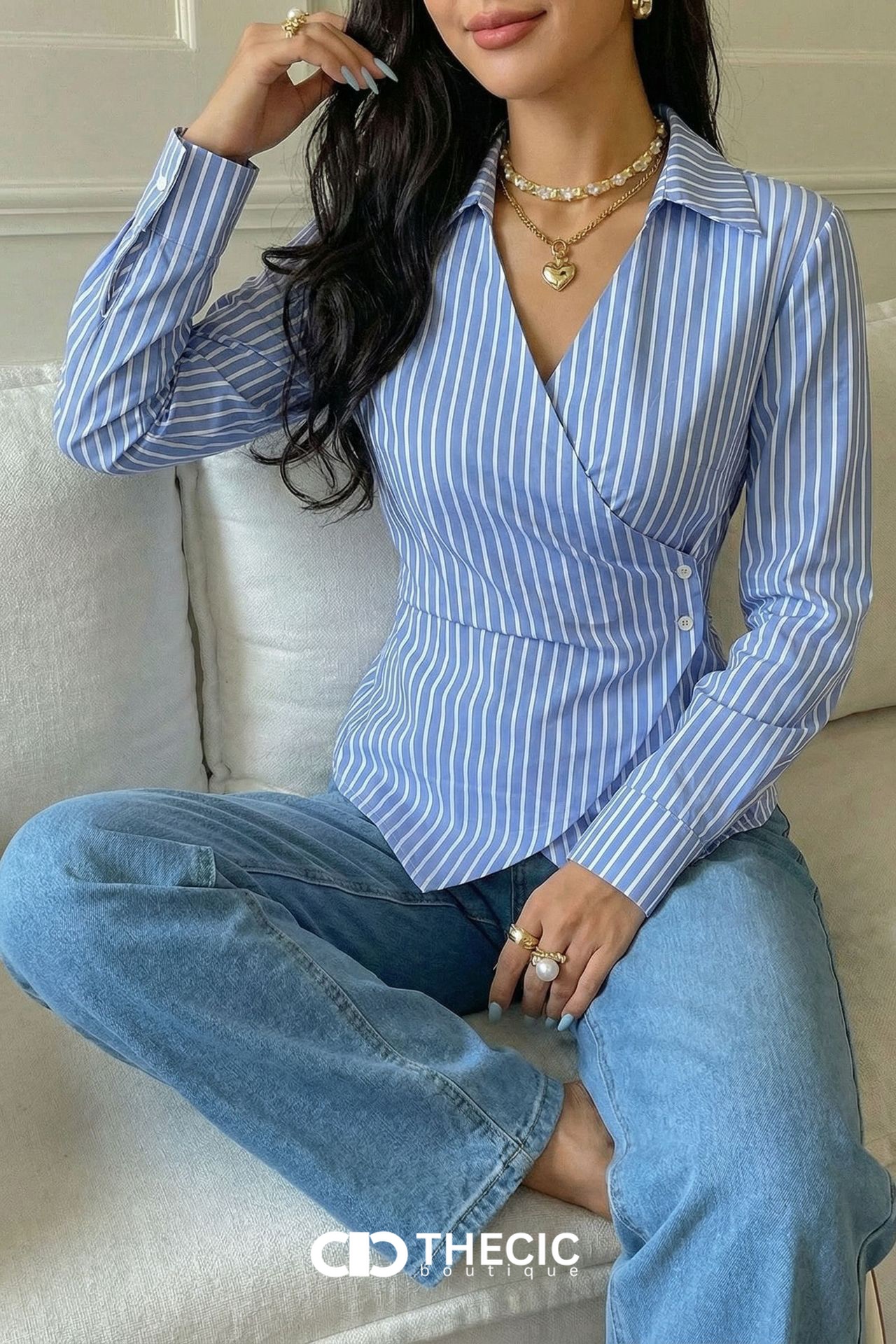 Striped Wrap Collared Long Sleeve Blouse