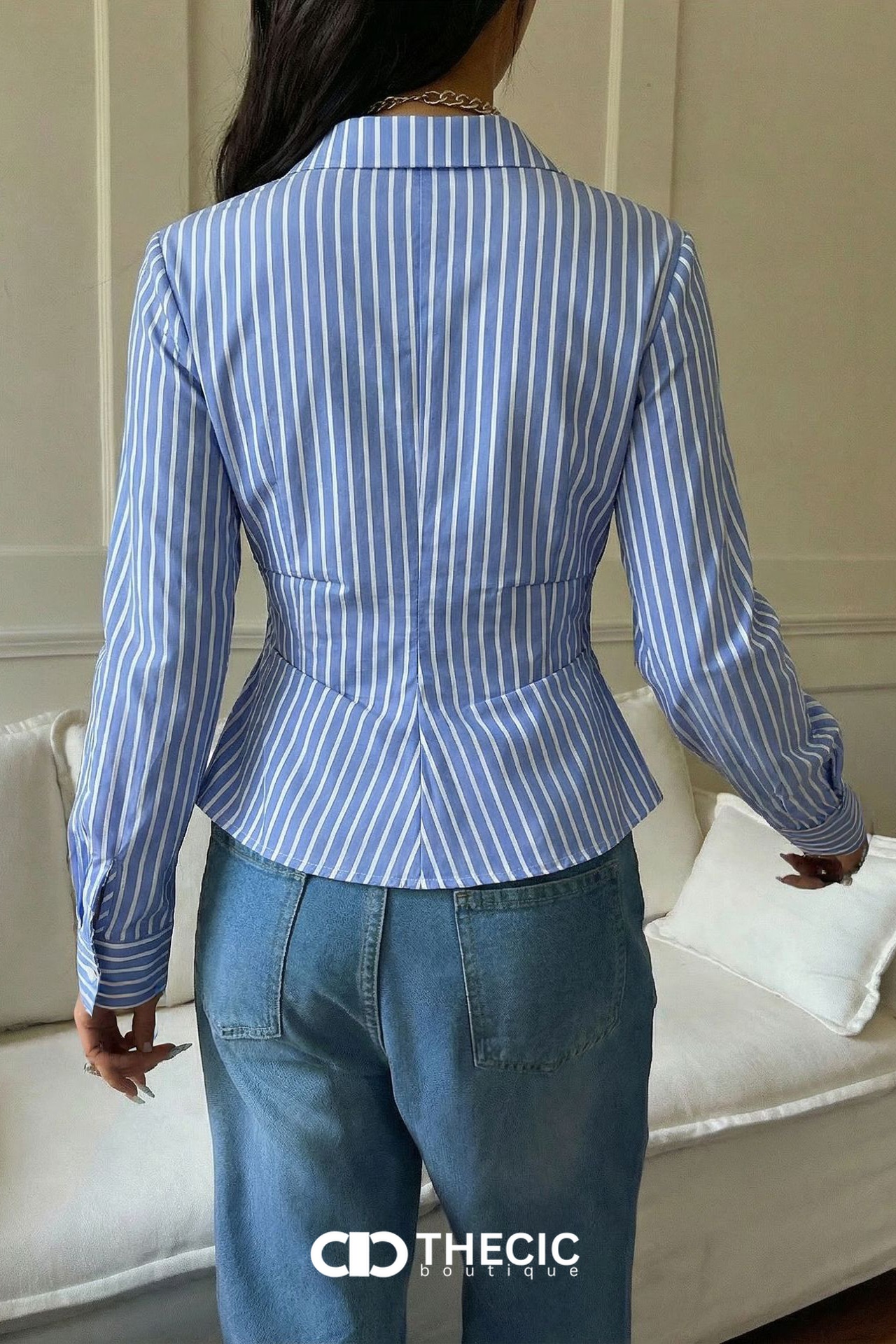Striped Wrap Collared Long Sleeve Blouse