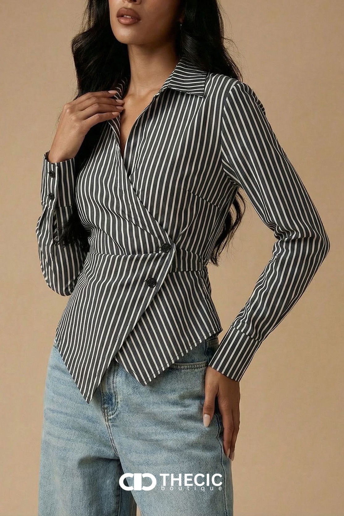 Striped Wrap Collared Long Sleeve Blouse