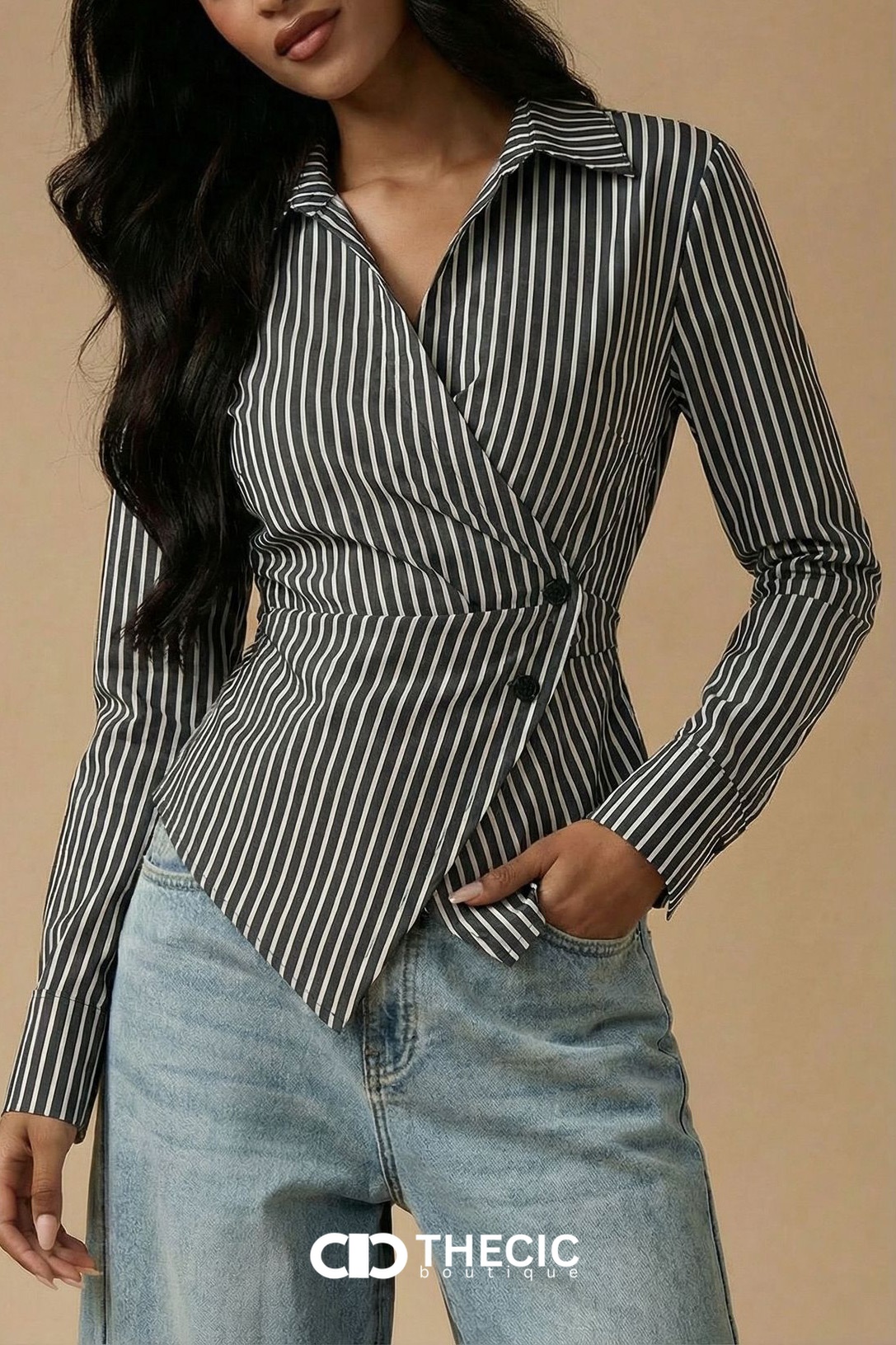 Striped Wrap Collared Long Sleeve Blouse
