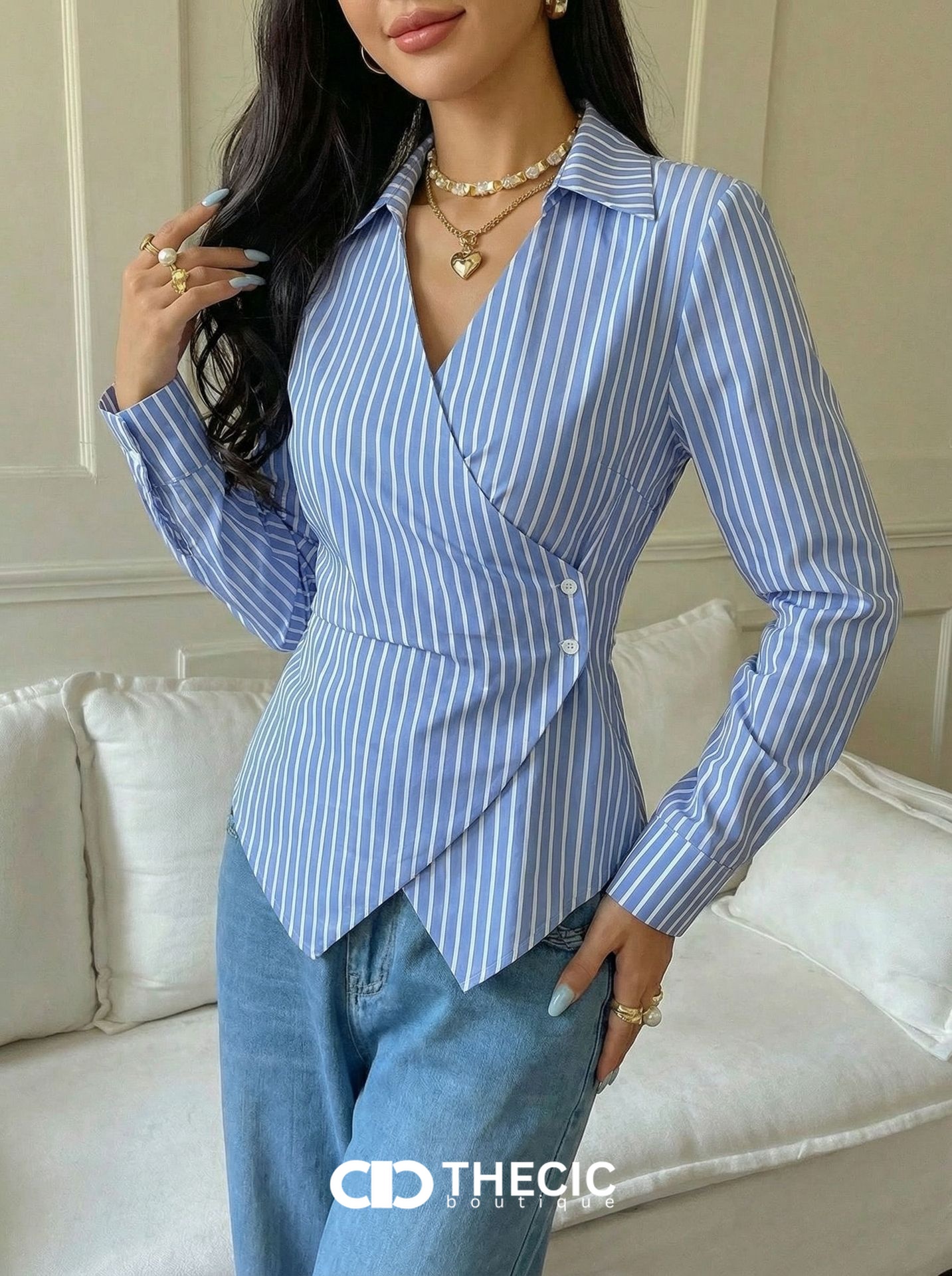 Striped Wrap Collared Long Sleeve Blouse