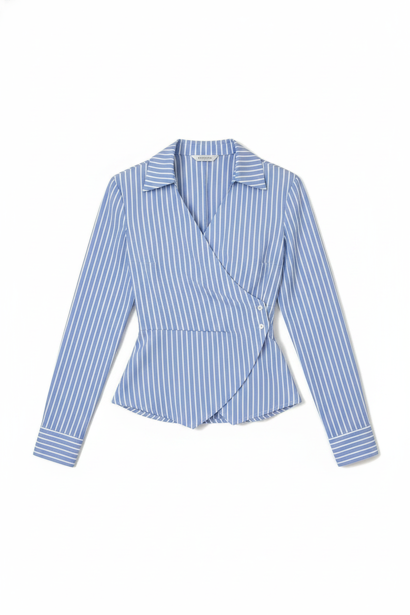 Striped Wrap Collared Long Sleeve Blouse