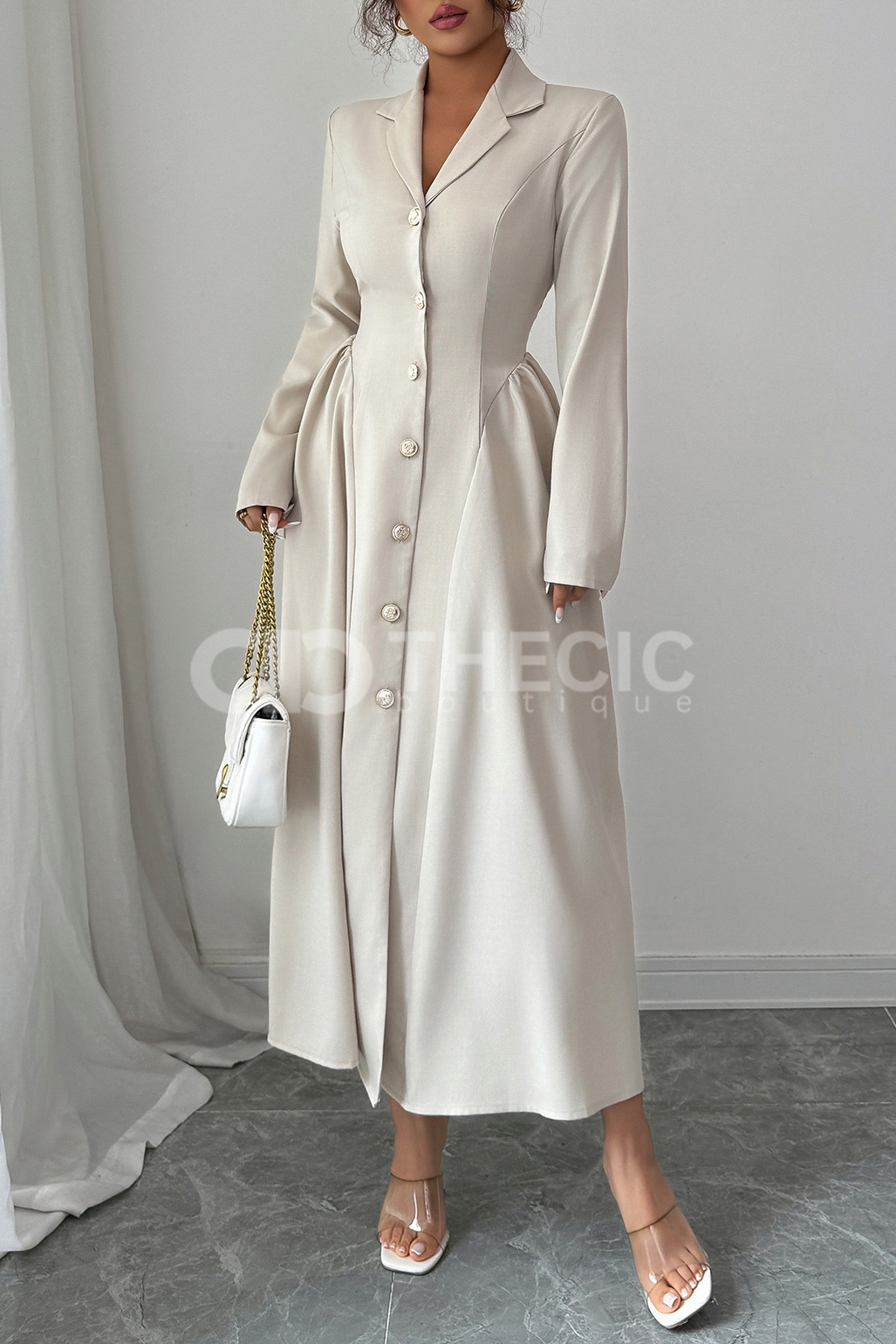 Structured Collared Button-Front A-Line Midi Dress