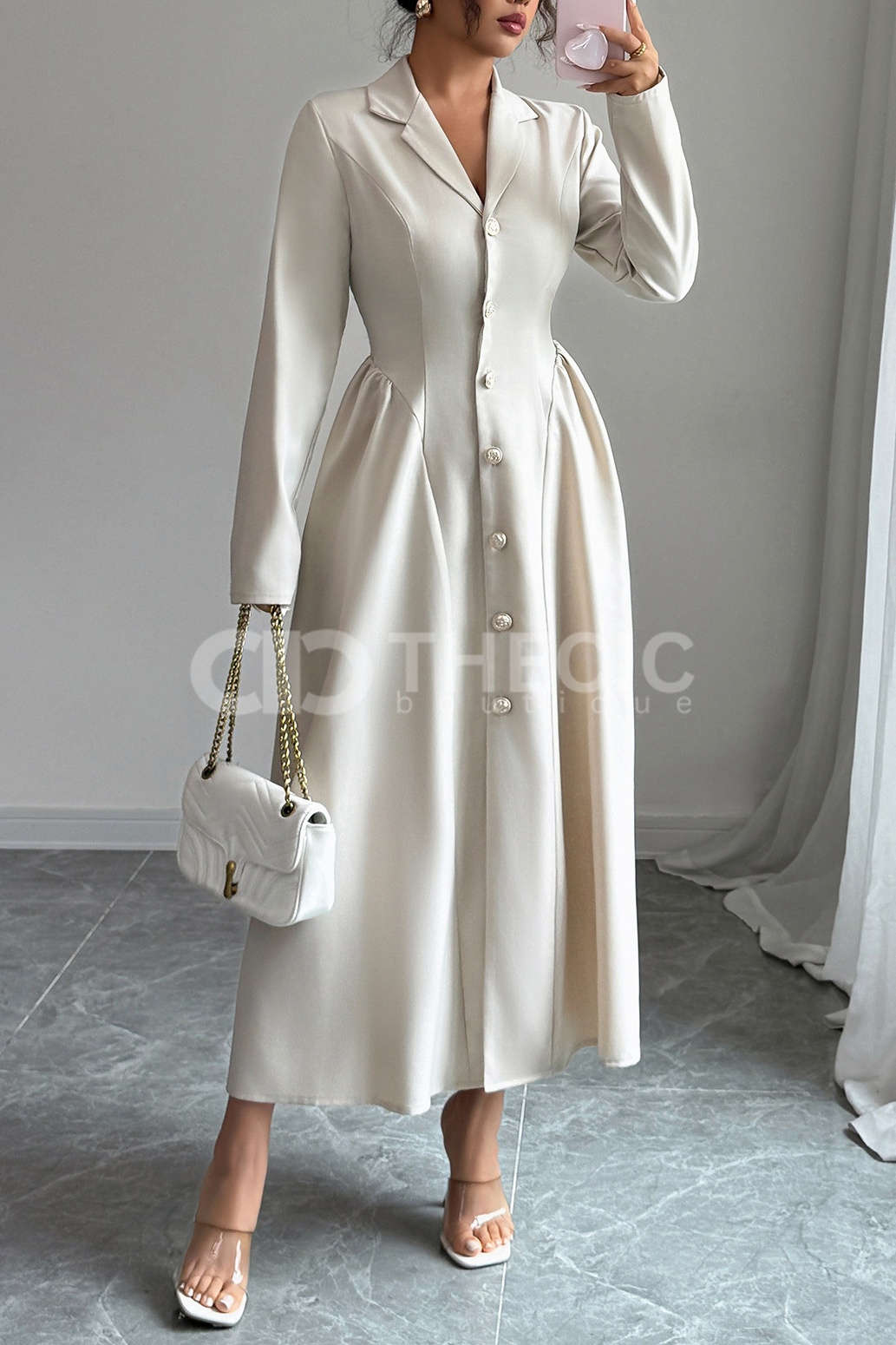 Structured Collared Button-Front A-Line Midi Dress