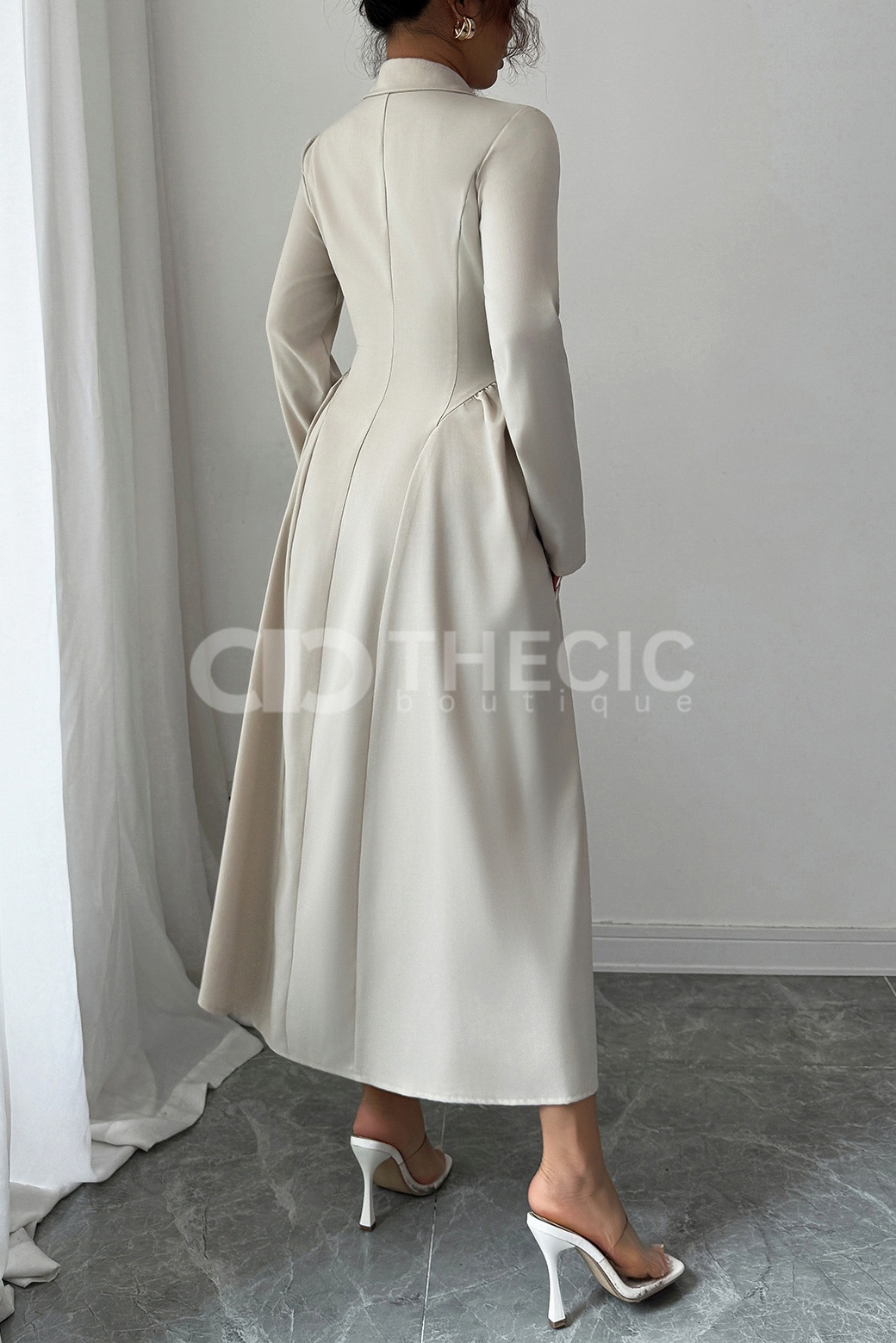 Structured Collared Button-Front A-Line Midi Dress