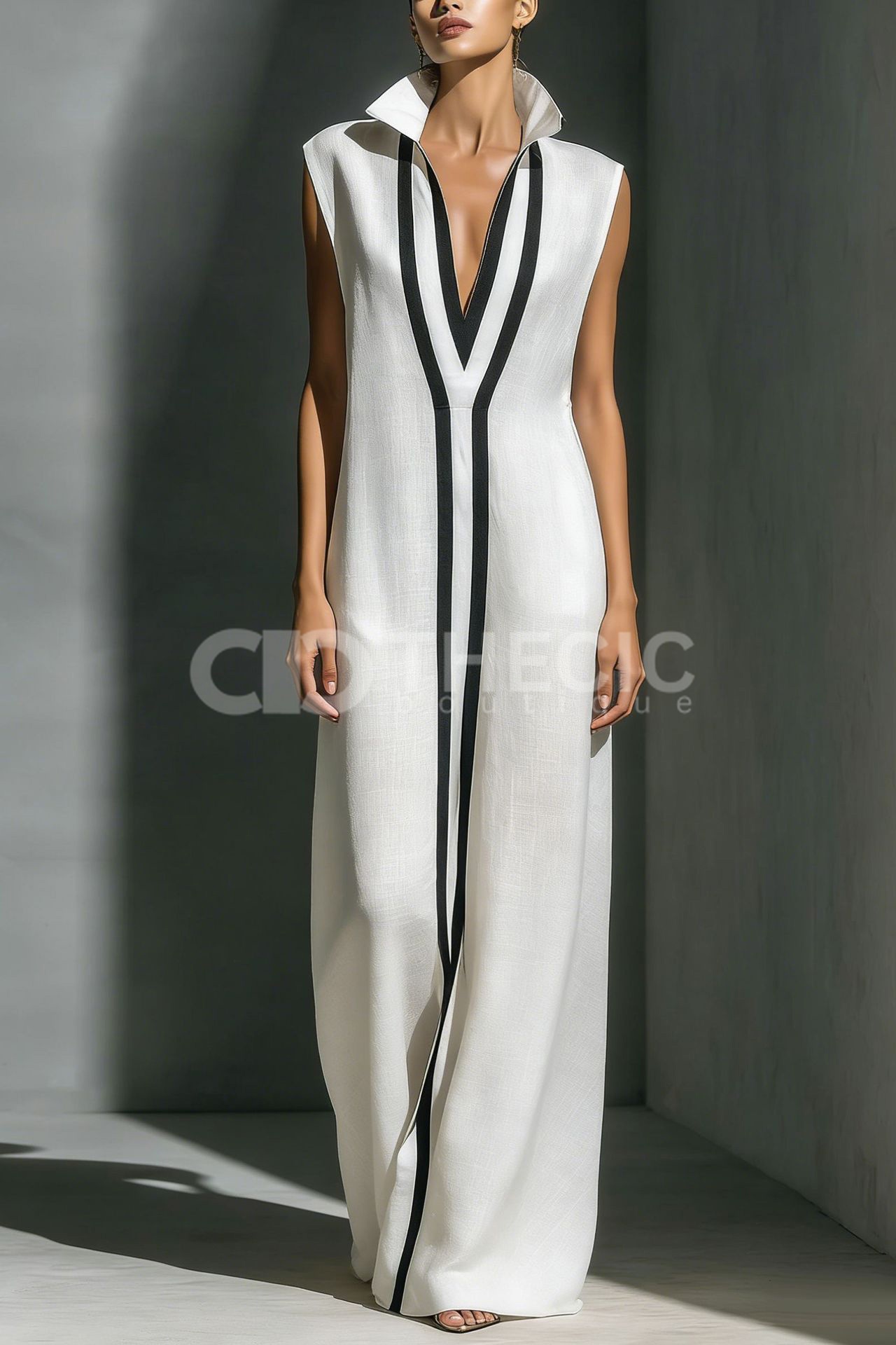 Structured Collared V-Neck Vertical Stripe Wide-Leg Jumpsuit