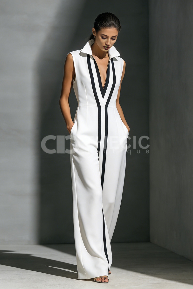 Structured Collared V-Neck Vertical Stripe Wide-Leg Jumpsuit