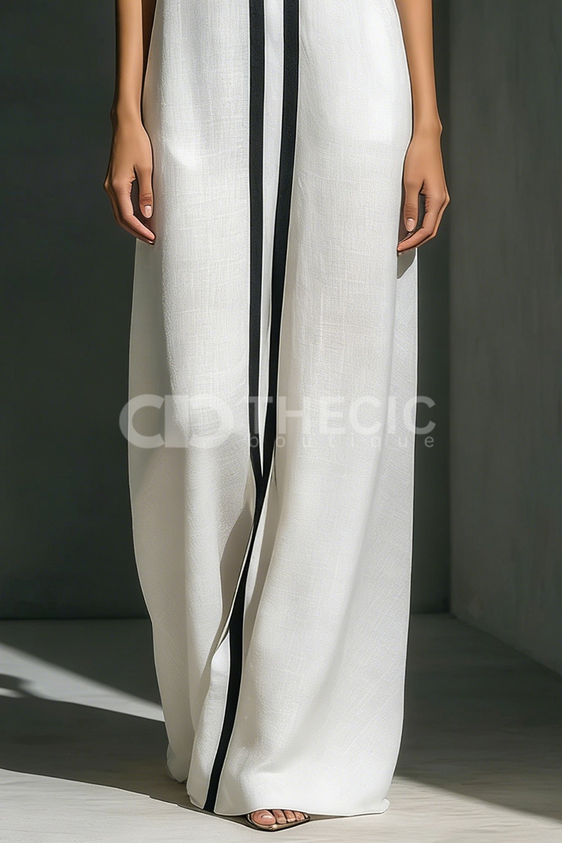 Structured Collared V-Neck Vertical Stripe Wide-Leg Jumpsuit