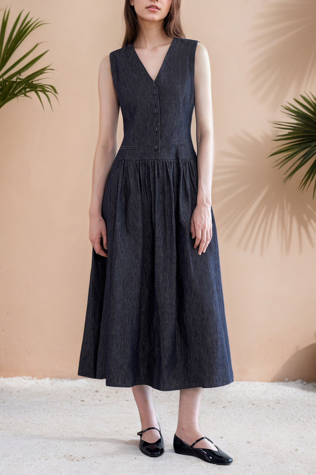 Structured Denim V-Neck Button Midi Dress