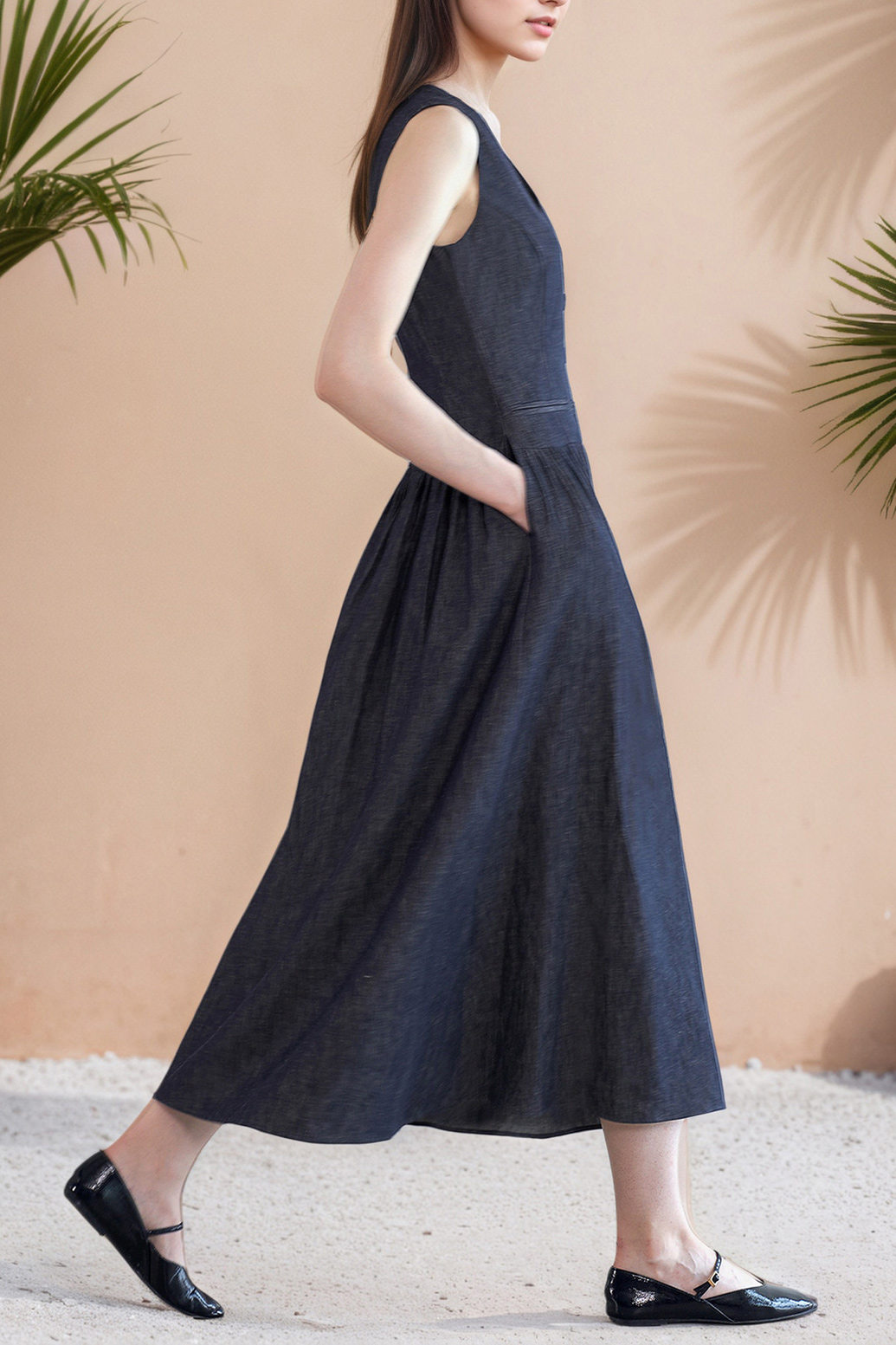 Structured Denim V-Neck Button Midi Dress