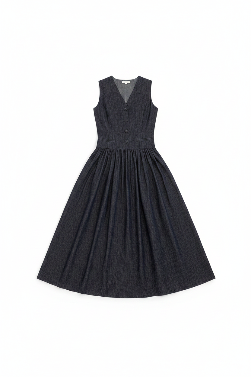 Structured Denim V-Neck Button Midi Dress