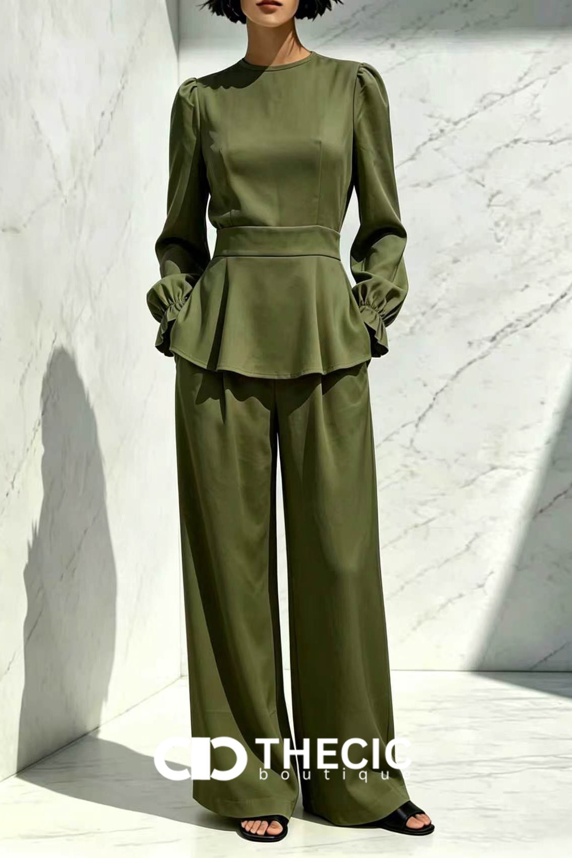 Structured Peplum Blouse Wide-Leg Pants Two-Piece Set