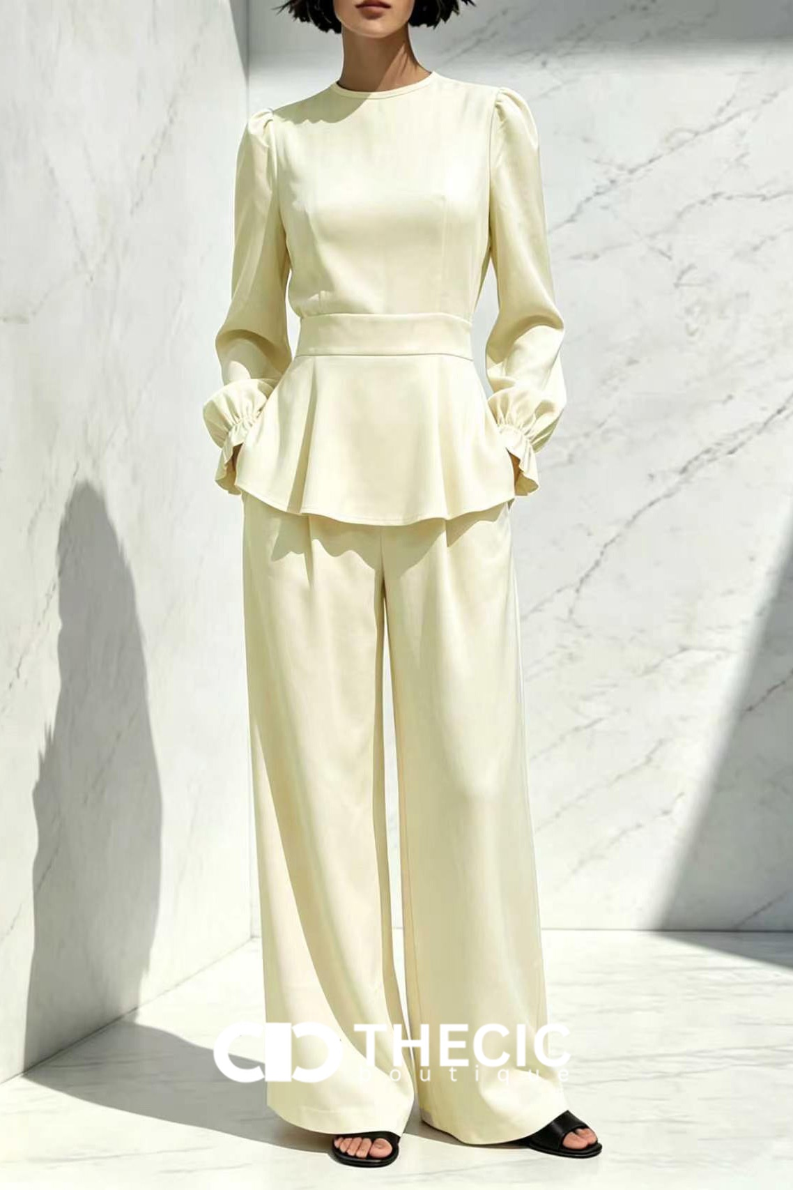 Structured Peplum Blouse Wide-Leg Pants Two-Piece Set