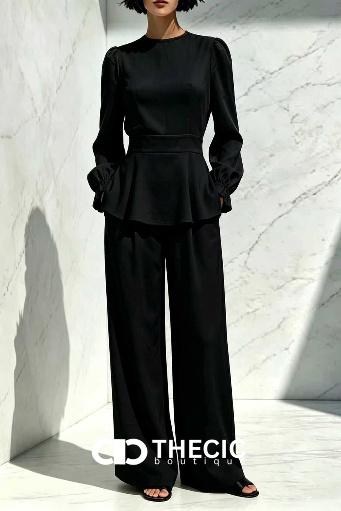 Structured Peplum Blouse Wide-Leg Pants Two-Piece Set