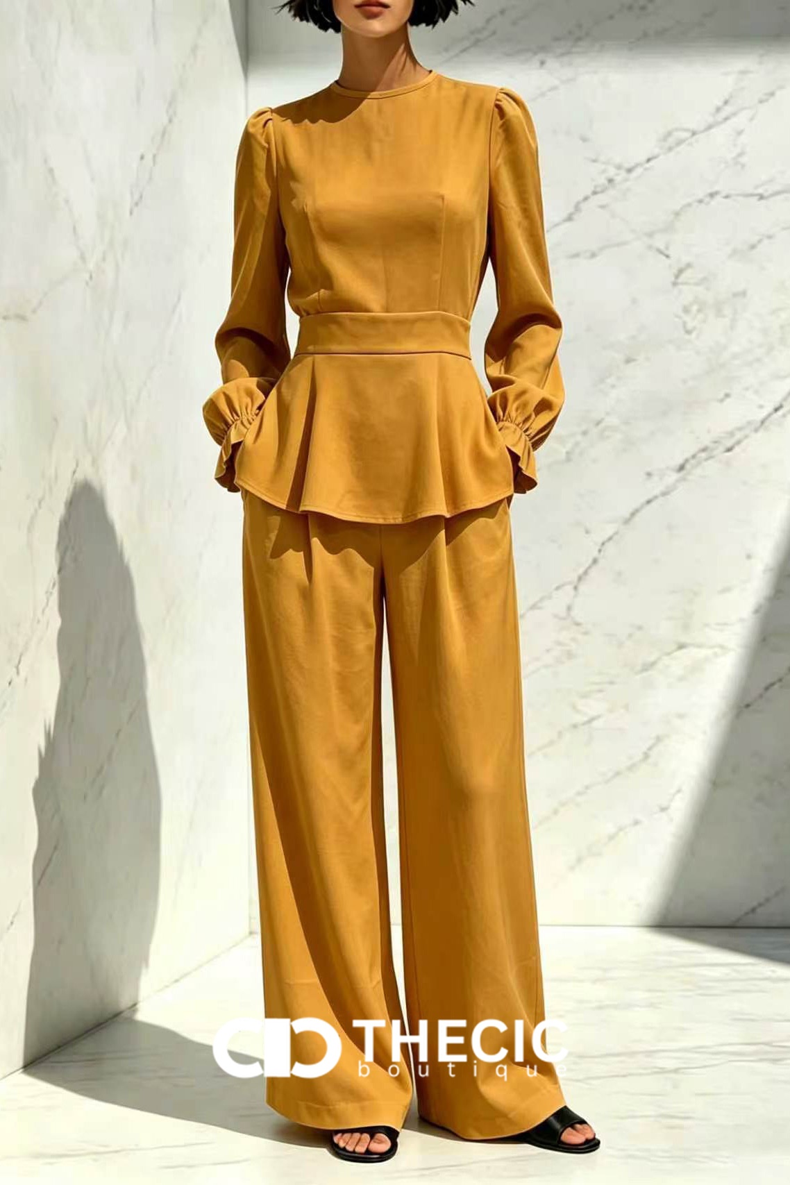 Structured Peplum Blouse Wide-Leg Pants Two-Piece Set