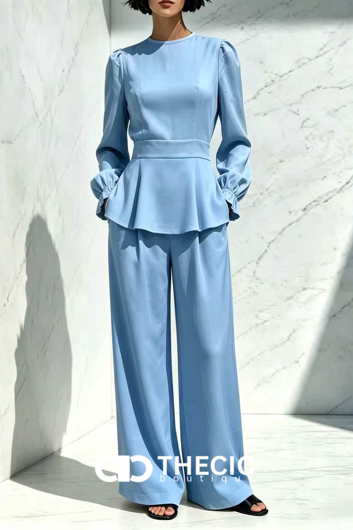 Structured Peplum Blouse Wide-Leg Pants Two-Piece Set