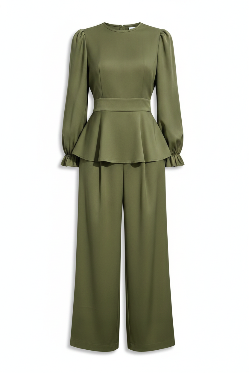 Structured Peplum Blouse Wide-Leg Pants Two-Piece Set