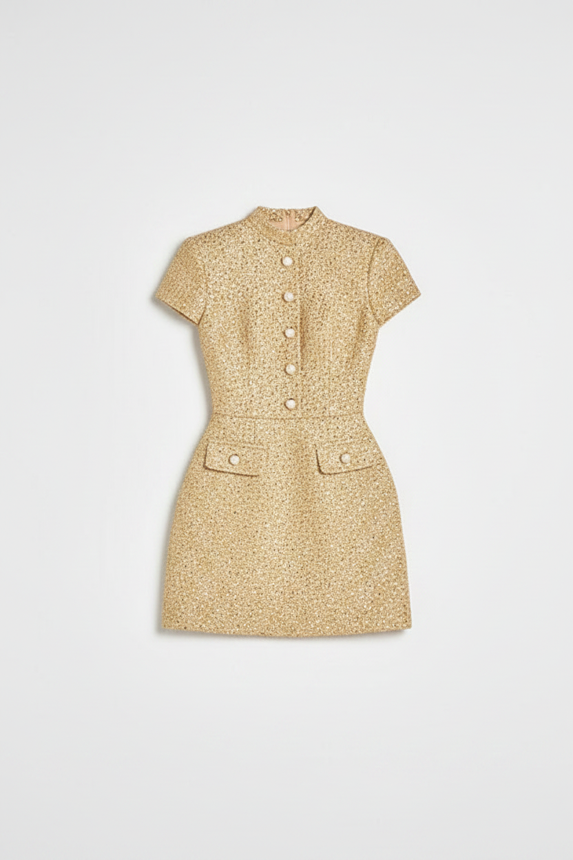 Structured Tweed-Effect Pearl Button Mini Dress