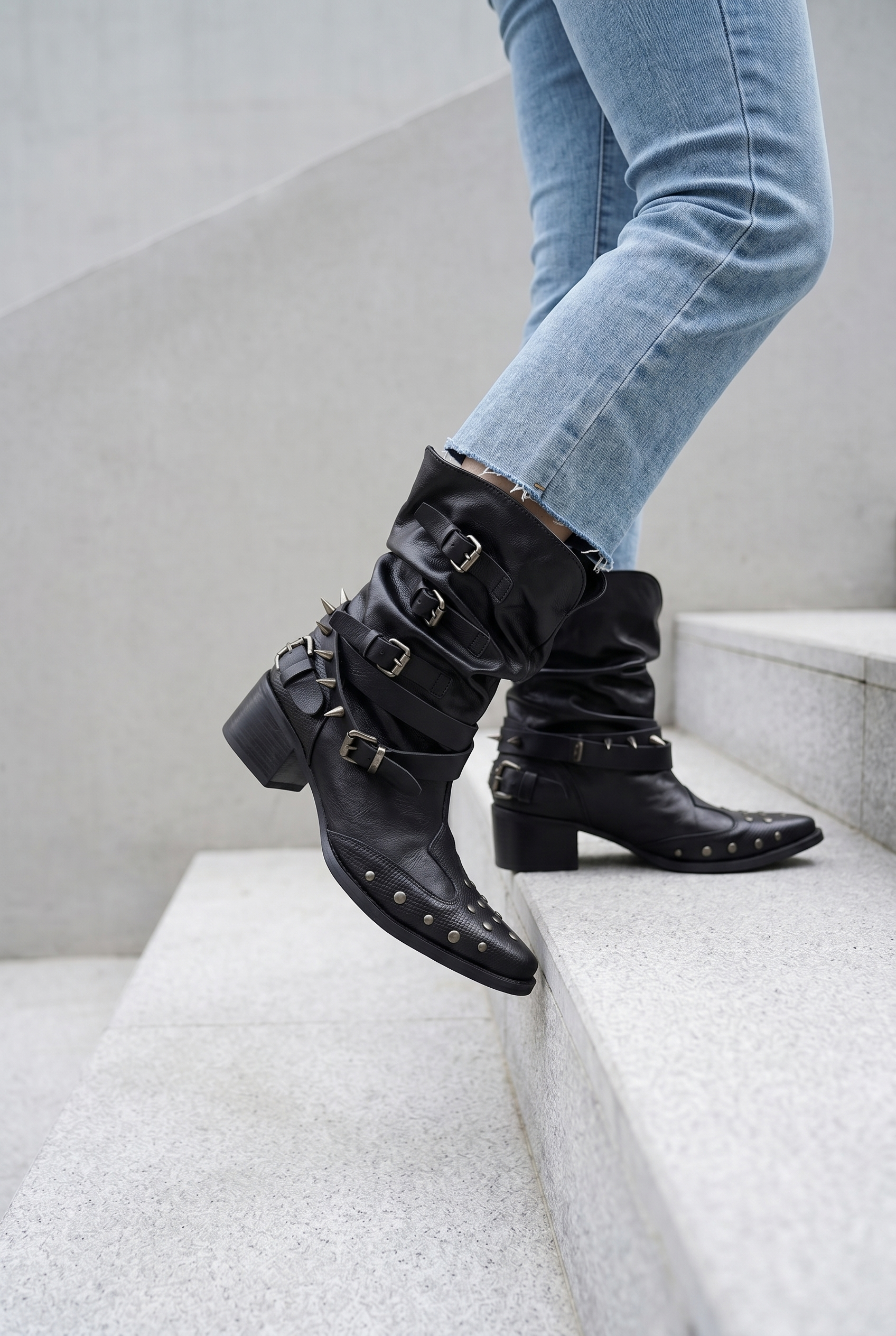Studded Buckle Slouchy Leather Mid-Calf Boots