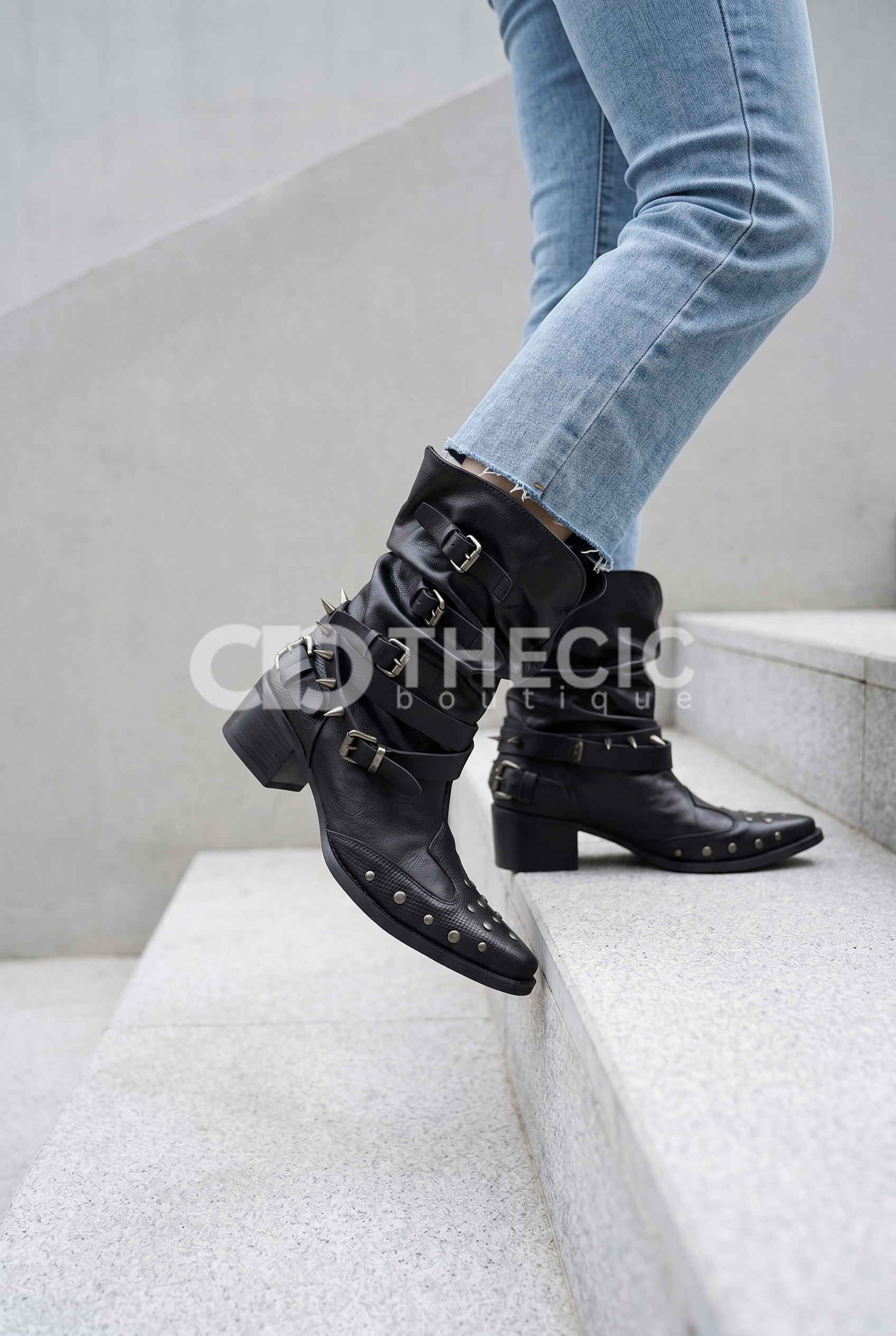 Studded Buckle Slouchy Leather Mid-Calf Boots