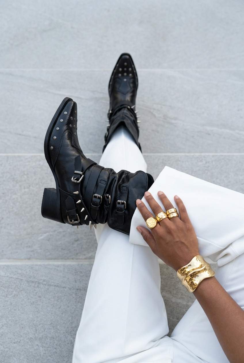 Studded Buckle Slouchy Leather Mid-Calf Boots