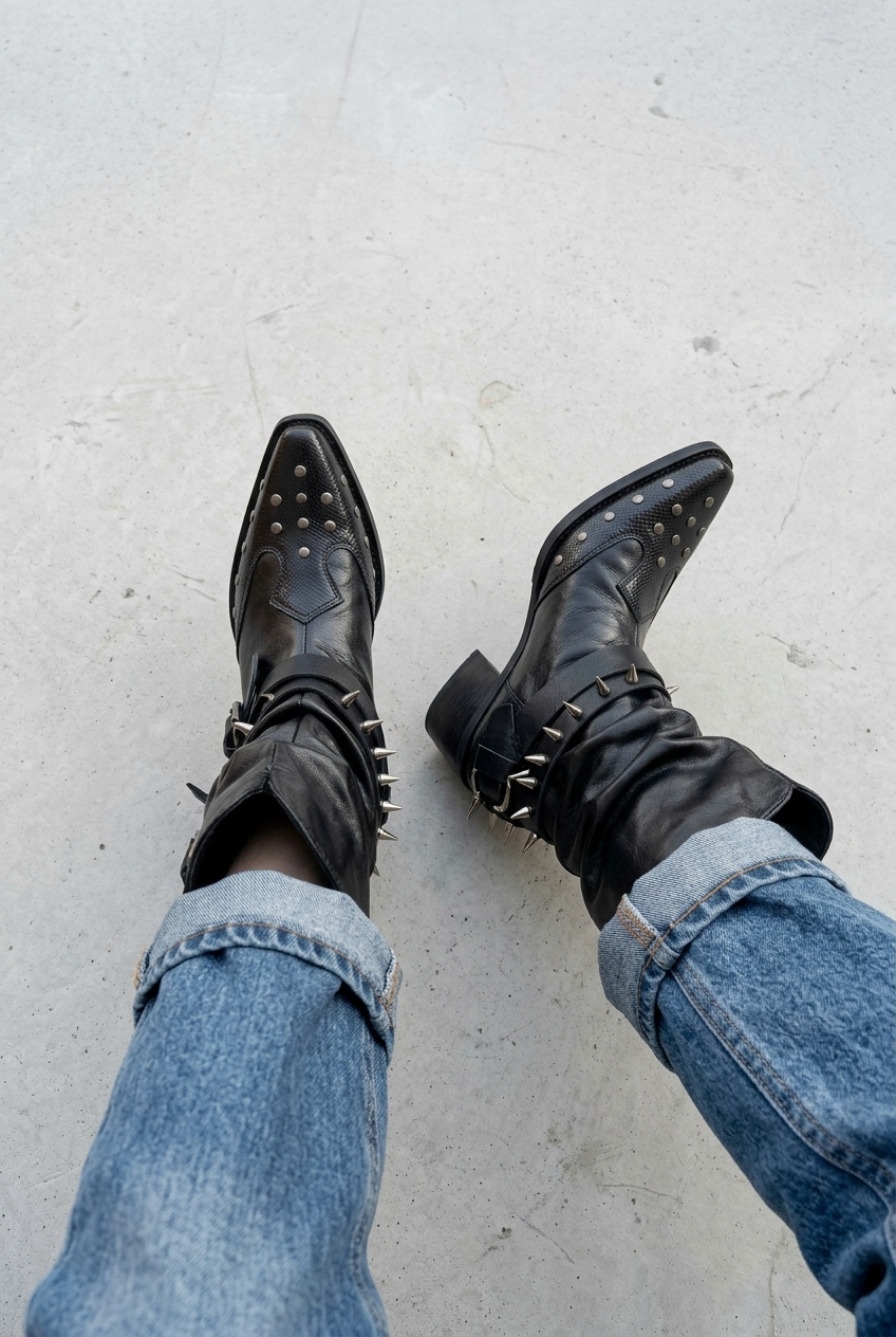 Studded Buckle Slouchy Leather Mid-Calf Boots