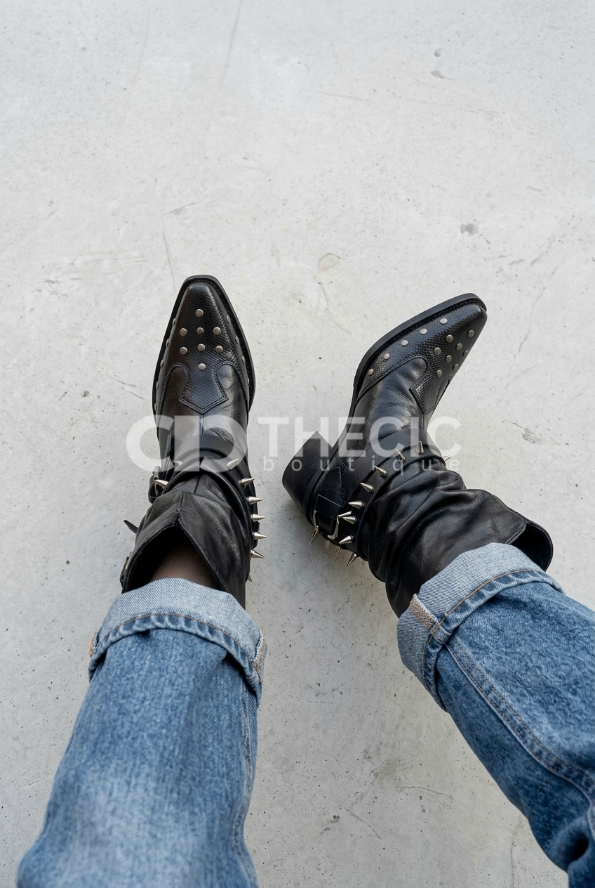 Studded Buckle Slouchy Leather Mid-Calf Boots