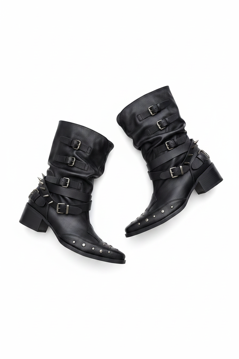 Studded Buckle Slouchy Leather Mid-Calf Boots