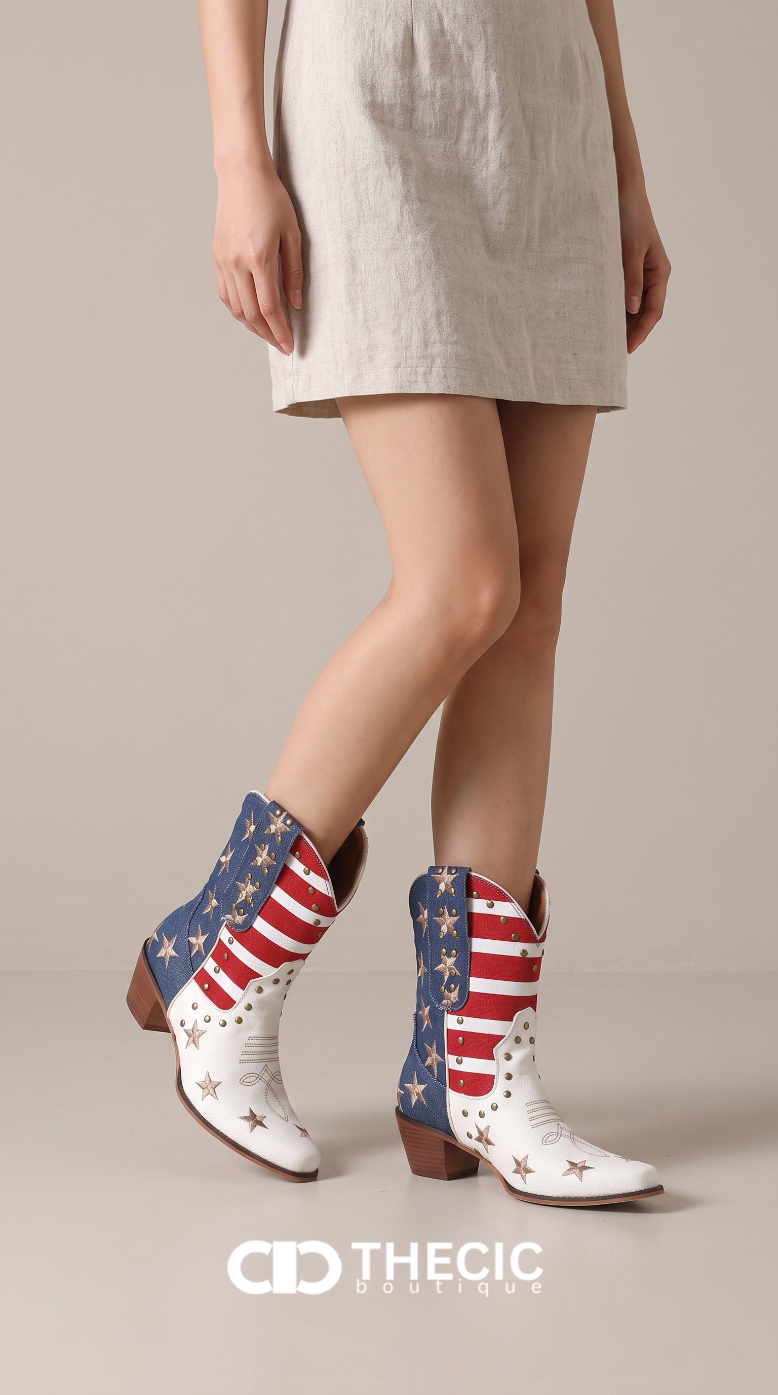 Studded Embroidered American Flag Western Ankle Boots