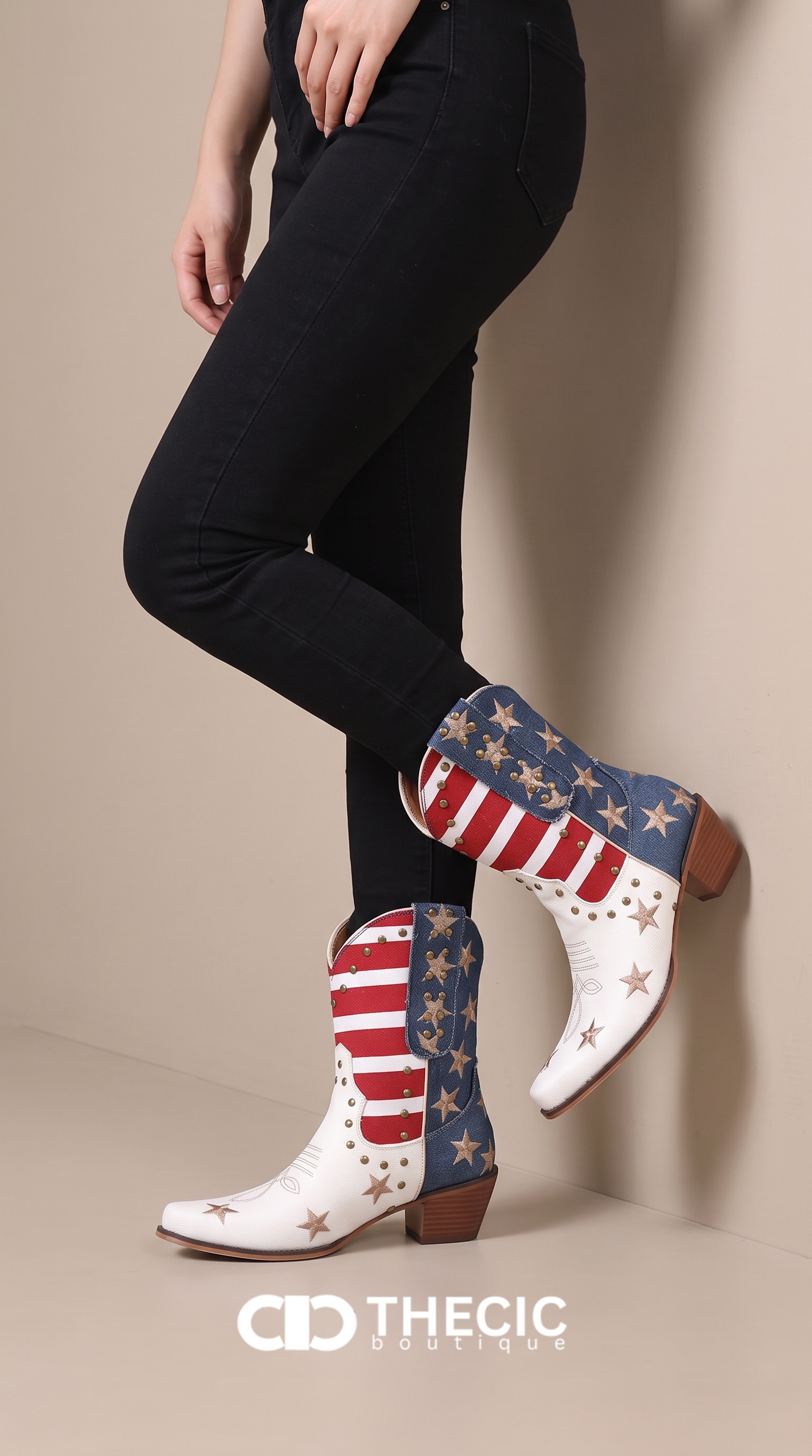 Studded Embroidered American Flag Western Ankle Boots