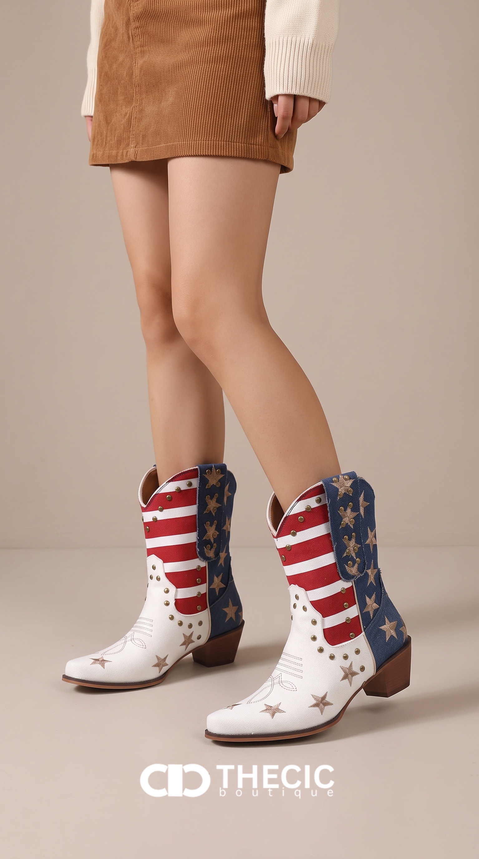 Studded Embroidered American Flag Western Ankle Boots
