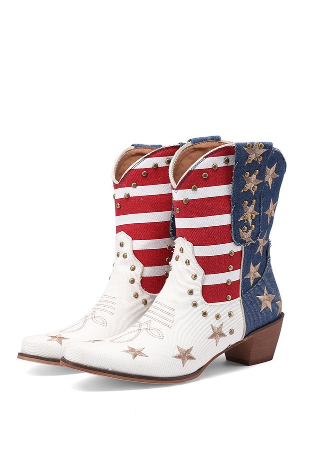 Studded Embroidered American Flag Western Ankle Boots