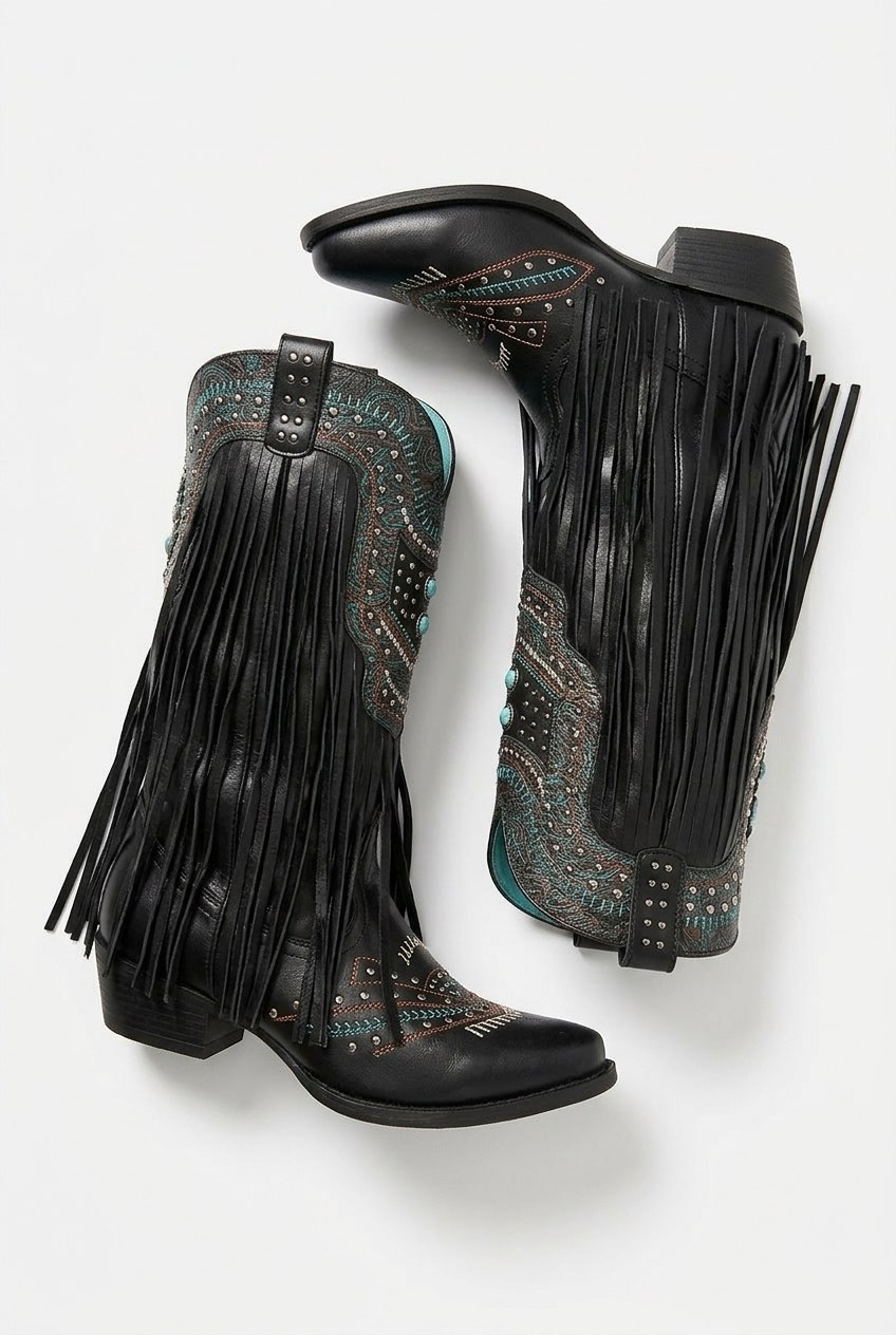 Studded Fringe Embroidered Western Cowboy Boots