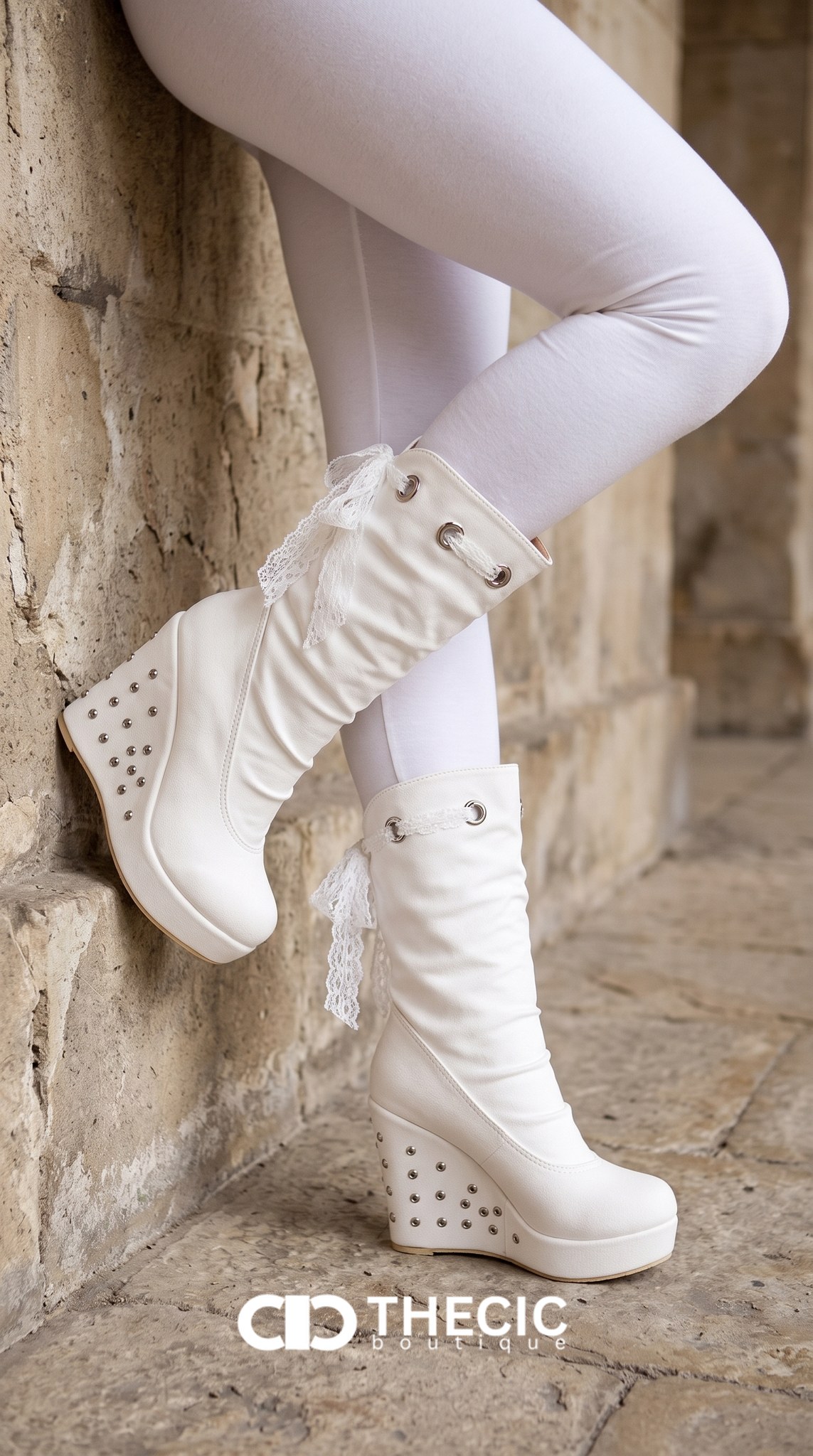 Studded Lace-Up Detail Wedge Boots