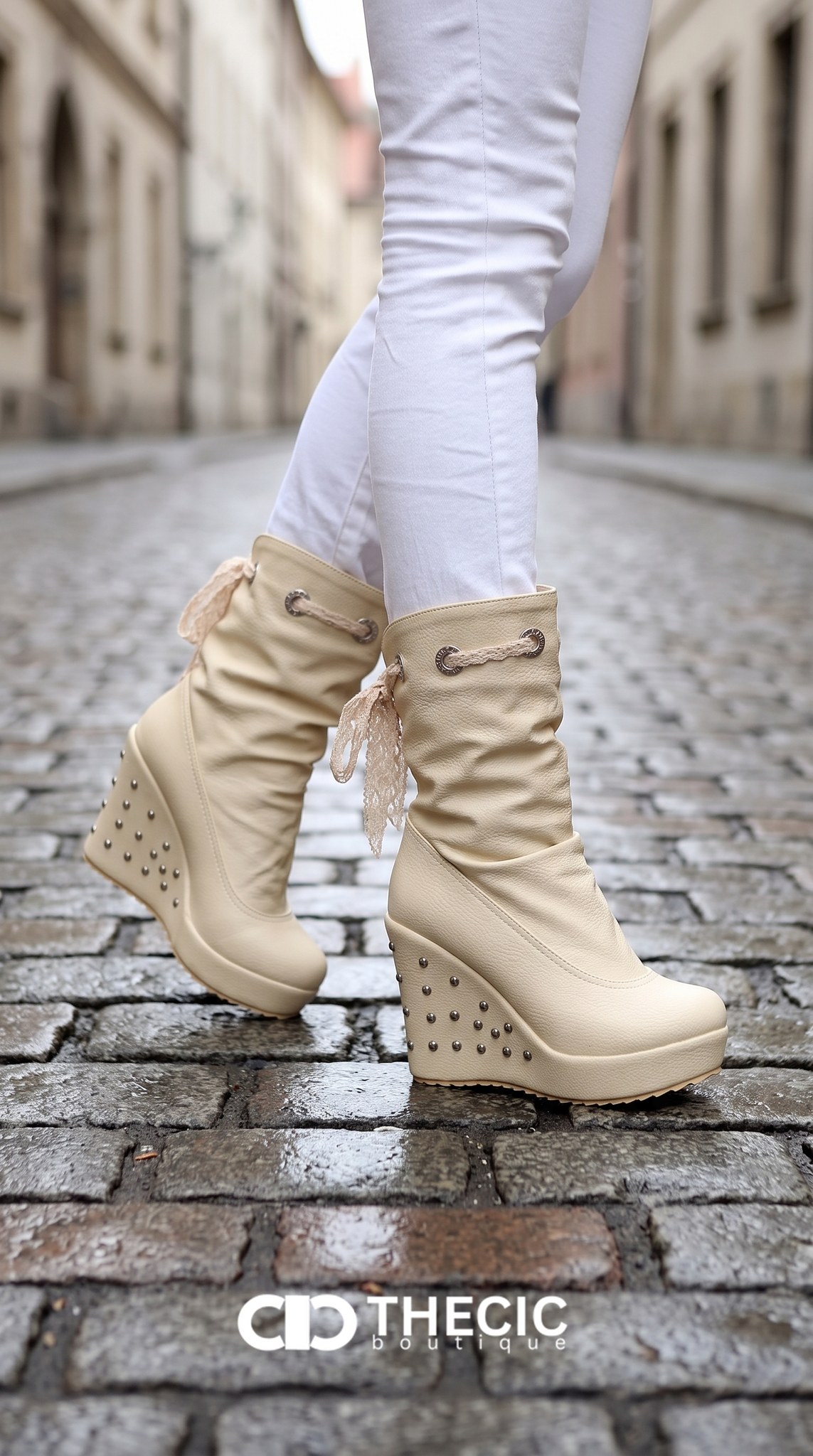 Studded Lace-Up Detail Wedge Boots